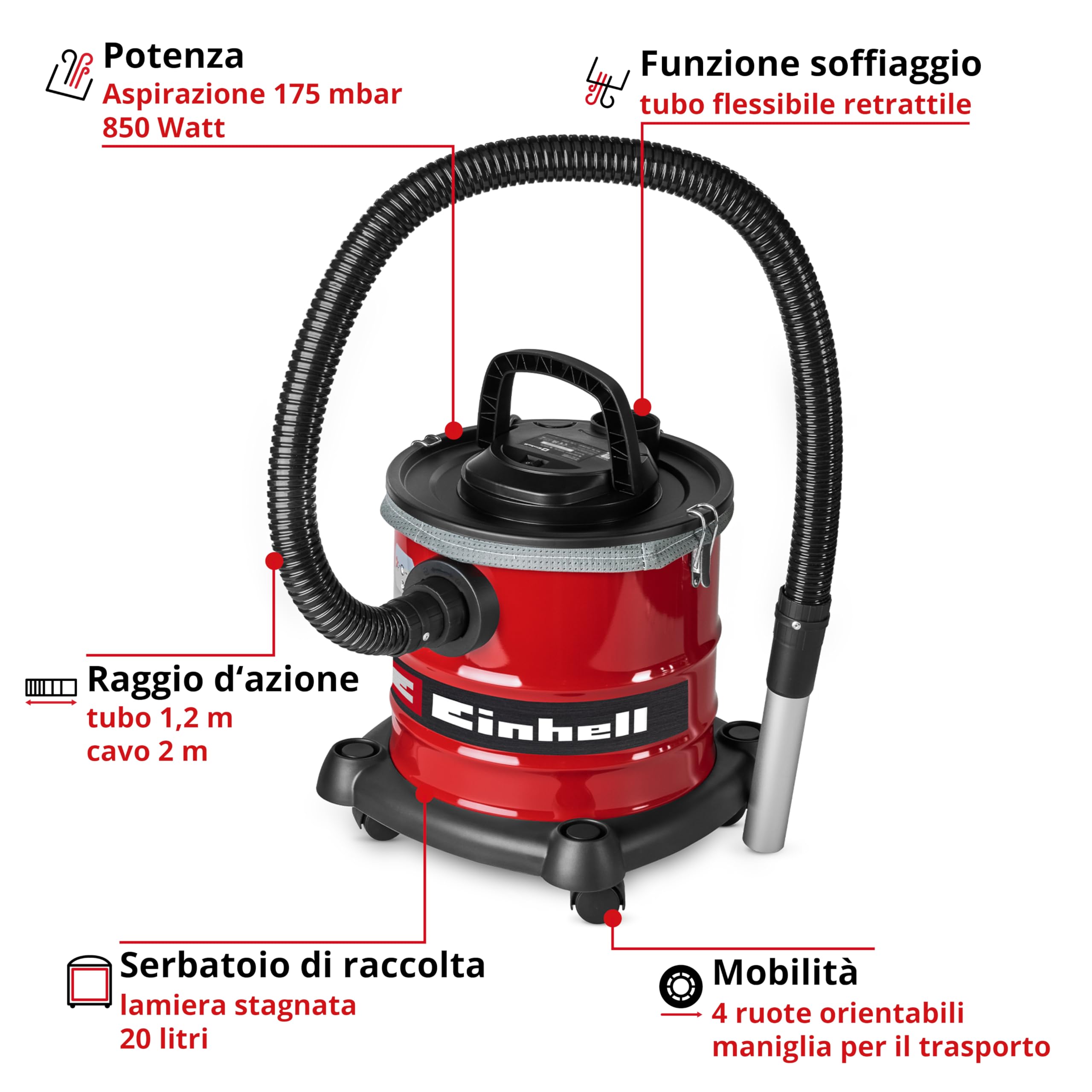 Aspiracenere Einhell TC-AV 2032 DW (850 W, potenza di aspirazione 175 mbar, serbatoio di raccolta 20 L, filtro a pieghe, prefiltro per polveri sottili, funzione soffiaggio, flessibile 1,2 m, cavo 2 m)