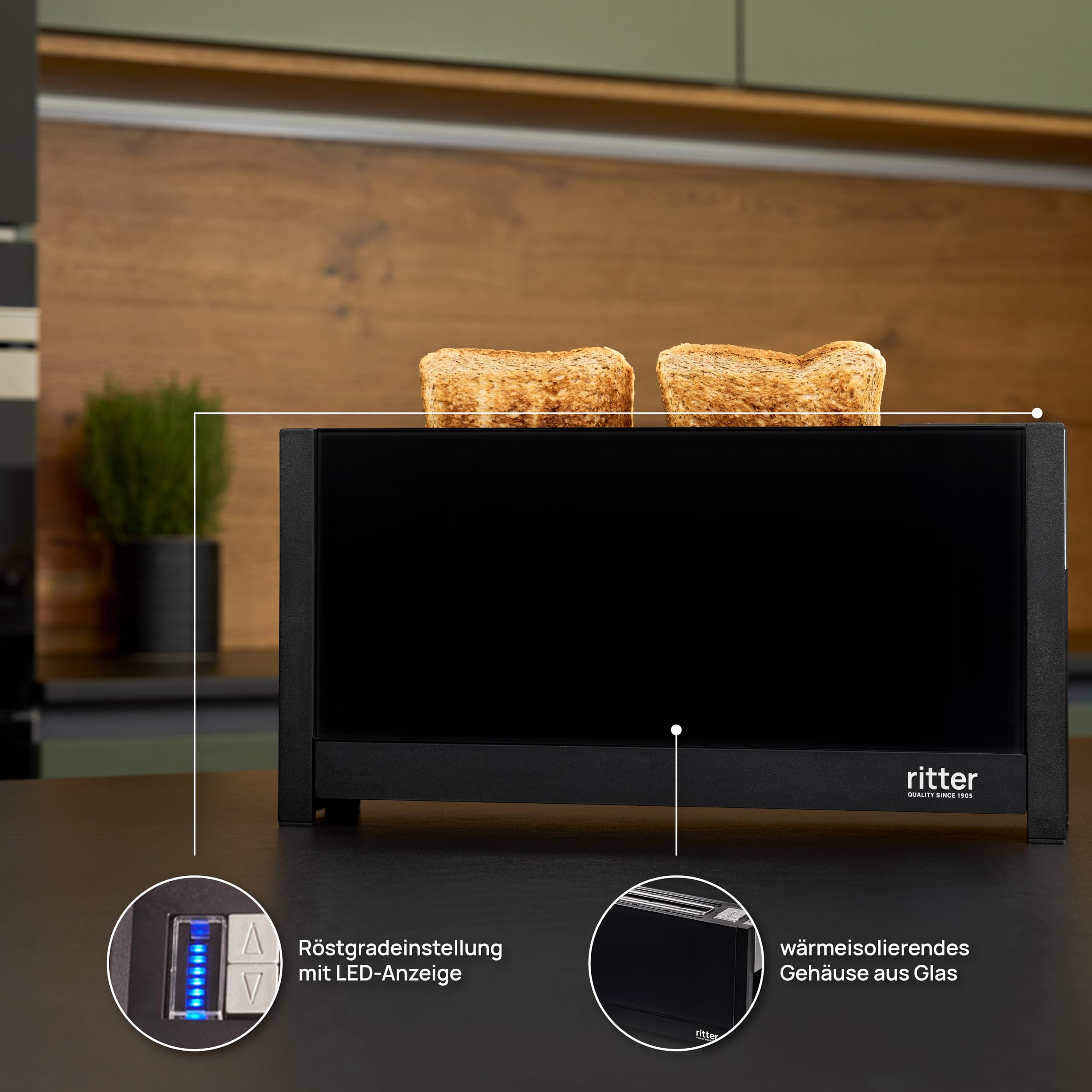 ritter volcano 5 Langschlitz-Toaster mit Brötchenaufsatz, extra schmal, Made in Germany, Schwarz
