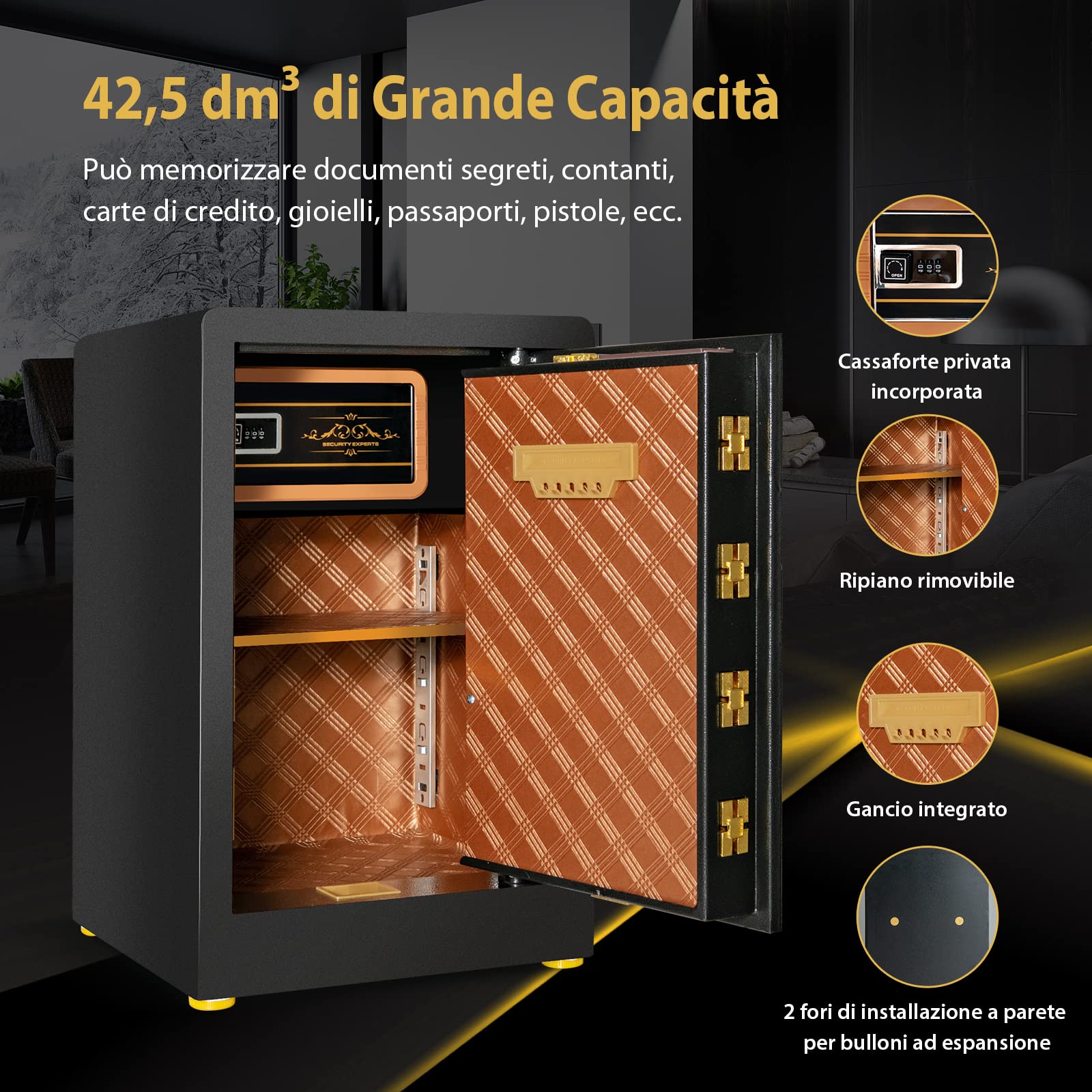 COSTWAY Cassaforte Per Fucili E Pistole – Armadio Biometrico Con Impronta Digitale, Tastierino E Chiavi D'Emergenza, Capienza 5 Armi, Allarme Antirapina E Fissaggio A Muro