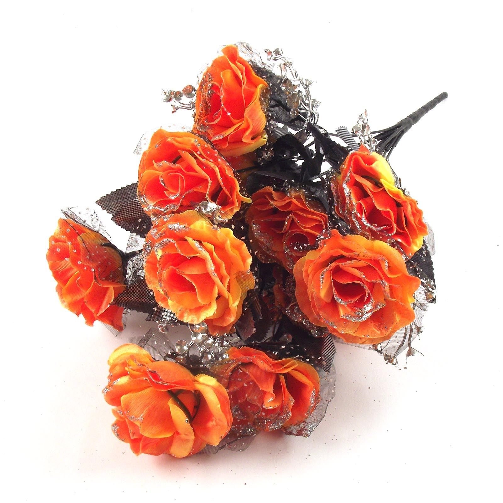 Meena Supplies Orange Bunch Of 12 Medium Glitter Edged Roses With Black And Silver Foliage And Accents (Orange)