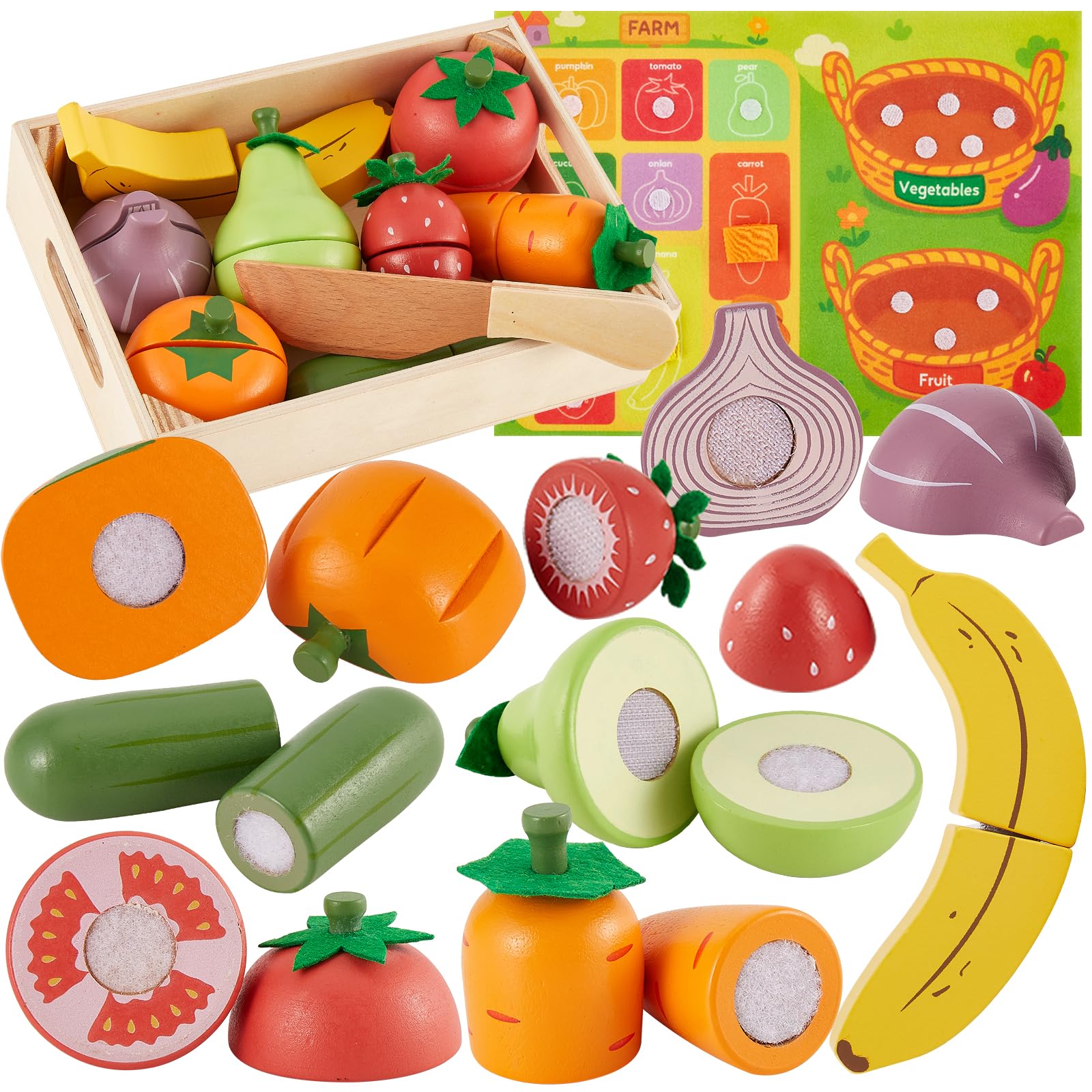 AOLEVA Wooden Play Food Sets with Sorting & Matching Mat for Kids Gifts