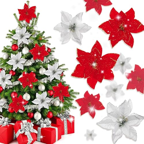 Miniatura 1 de Whaline 40 flores artificiales de Navidad con 40 clips y 40 tallos, flores de Navidad rojas y plateadas, adornos de árbol de Navidad con purpurina,