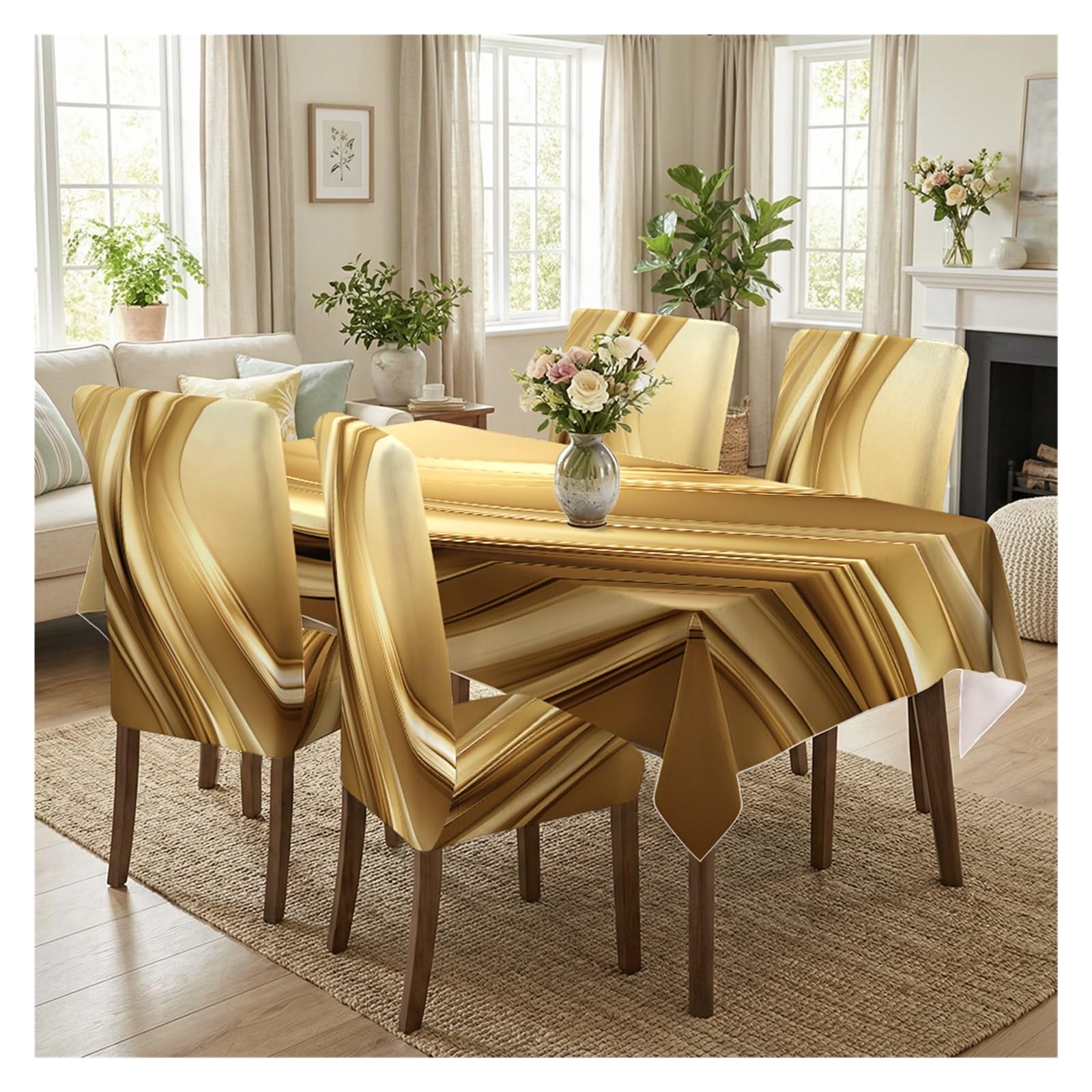 KXUAUV Golden Wave Geometric Printed Dining Tablecloth & Chair Covers Set, 5/7 Piece Luxury Modern Home Decor Party Decor(5pcs Set: Tablecloth+Chair Covers)