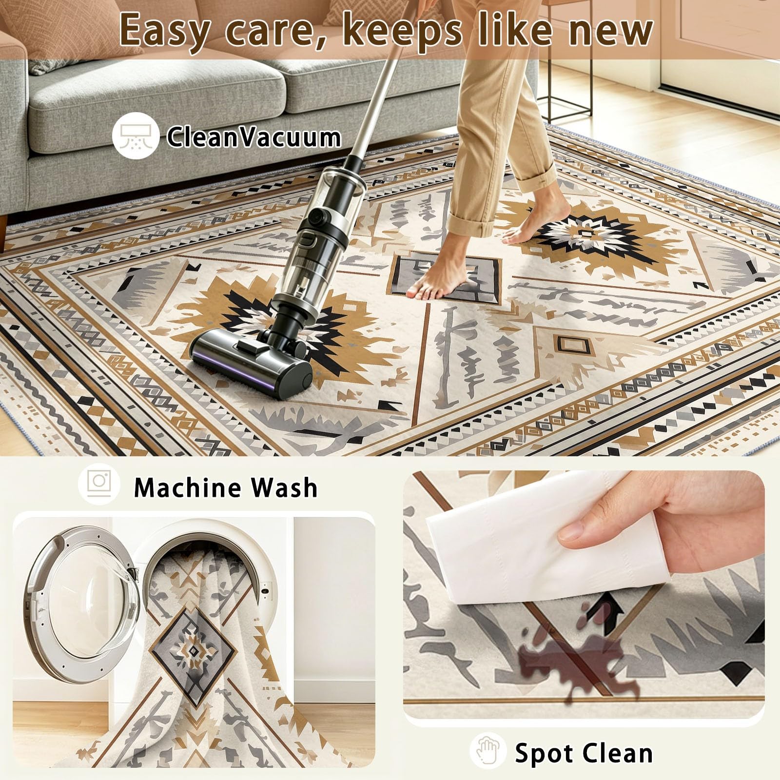 Waschbarer Teppich Wohnzimmer Suedwestlich Ethnisch, 80 x 150 cm Kurzflor rutschfest Teppich Weich Teppiche mit Druckmuster für Schlafzimmer, Esszimmer, Rauten Pfeile Geometrisch ZickzackBraun