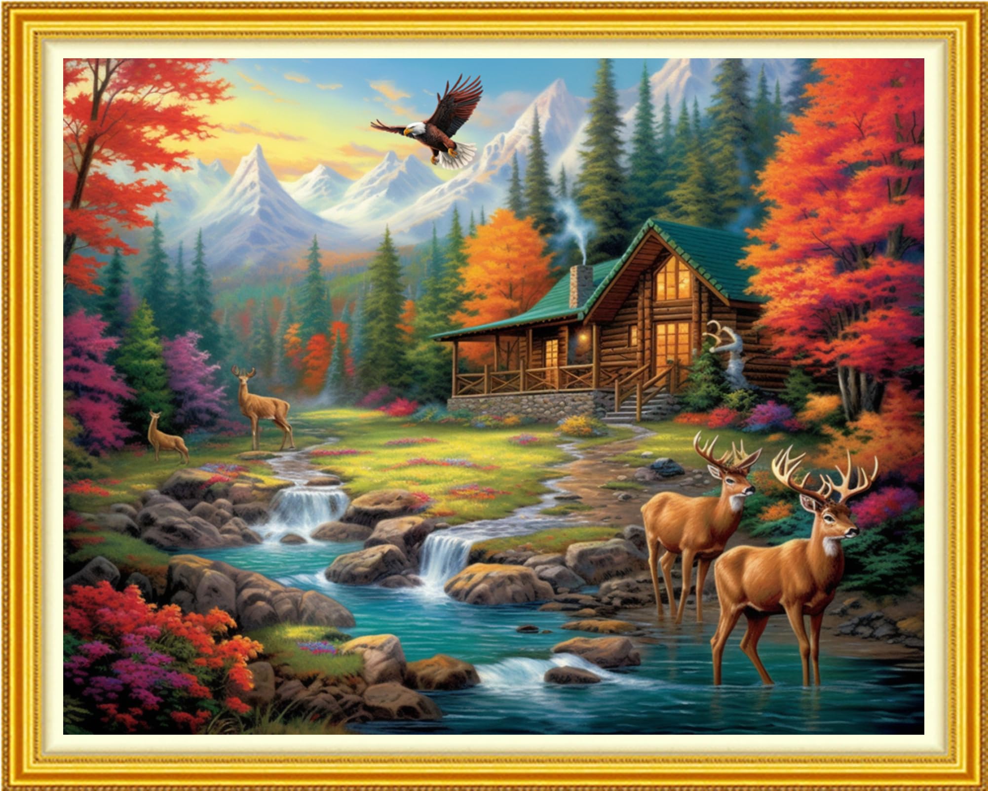 DMCVIVR Stamped Cross Stitch Kits for Beginners Adults Needlepoint Kits for Beginners Embroidery Kits for Adults Crossstitch Kit for Beginners 11CT-Elk Scenery 16x20 inch