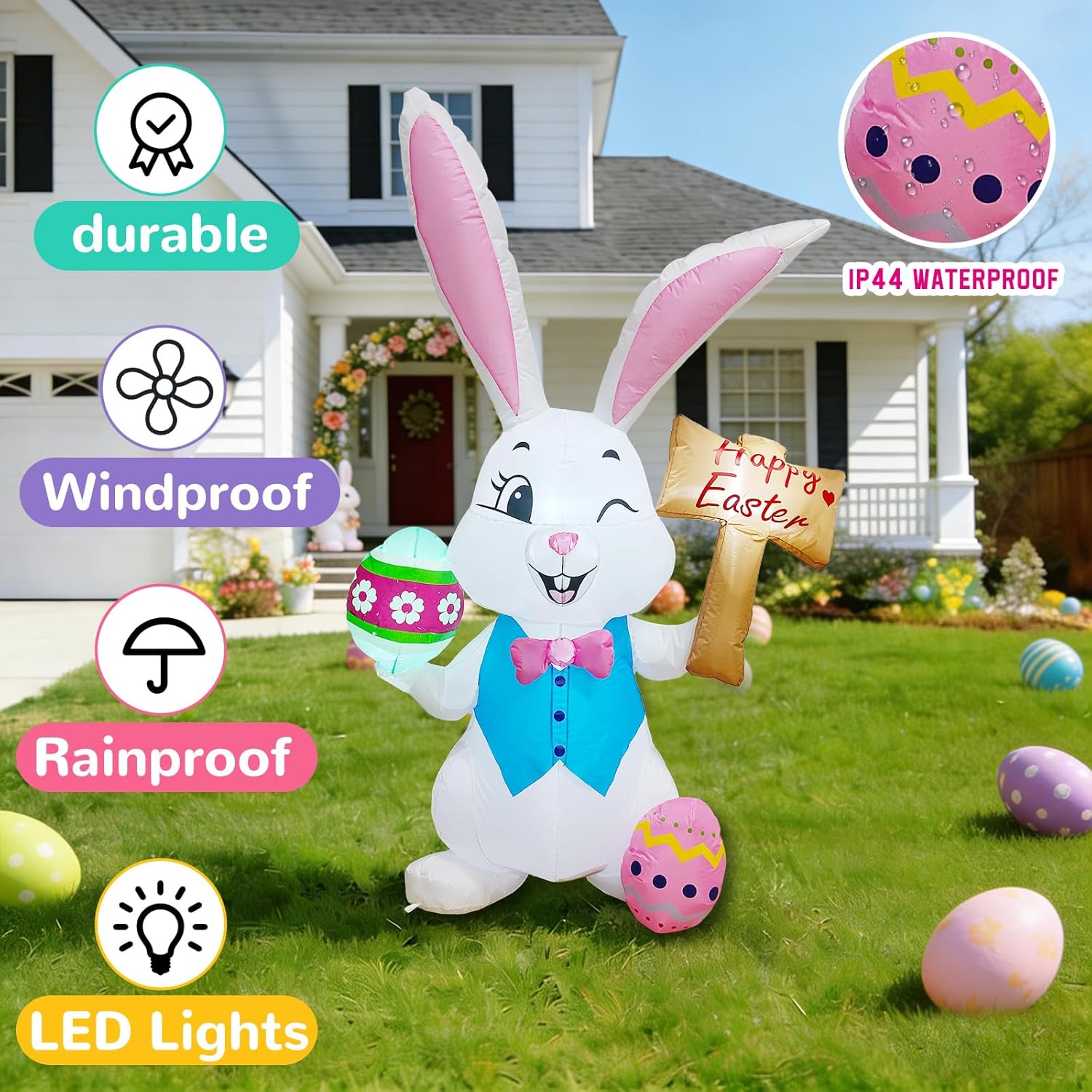 5FT Easter Inflatables Outdoor Decorations，Inflatable Bunny with Easter Eggs, Blow-up Yard Decor for Indoor/Outdoor Garden Lawn & Holiday Party (Rabbit Raise The Sign)