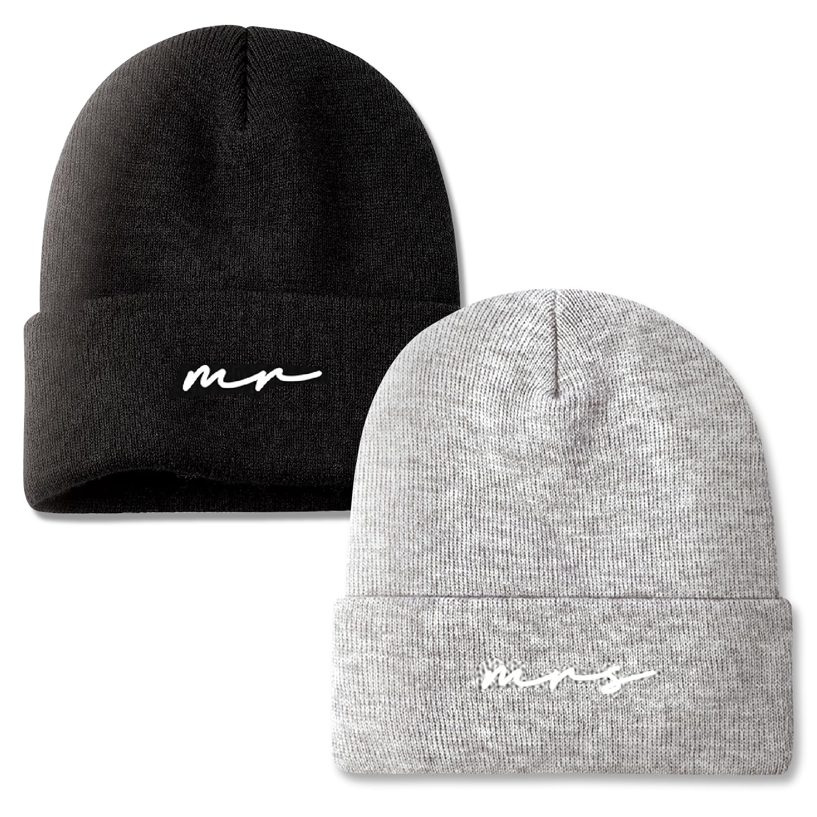 Groombridegifts Women's C (2 Hats) Mr & Mrs/Grey+Black Mr And Mrs Beanies, Wedding Gifts For Couples, His And Hers Engagement Gift, Honeymoon Travel Essentials, 1-2