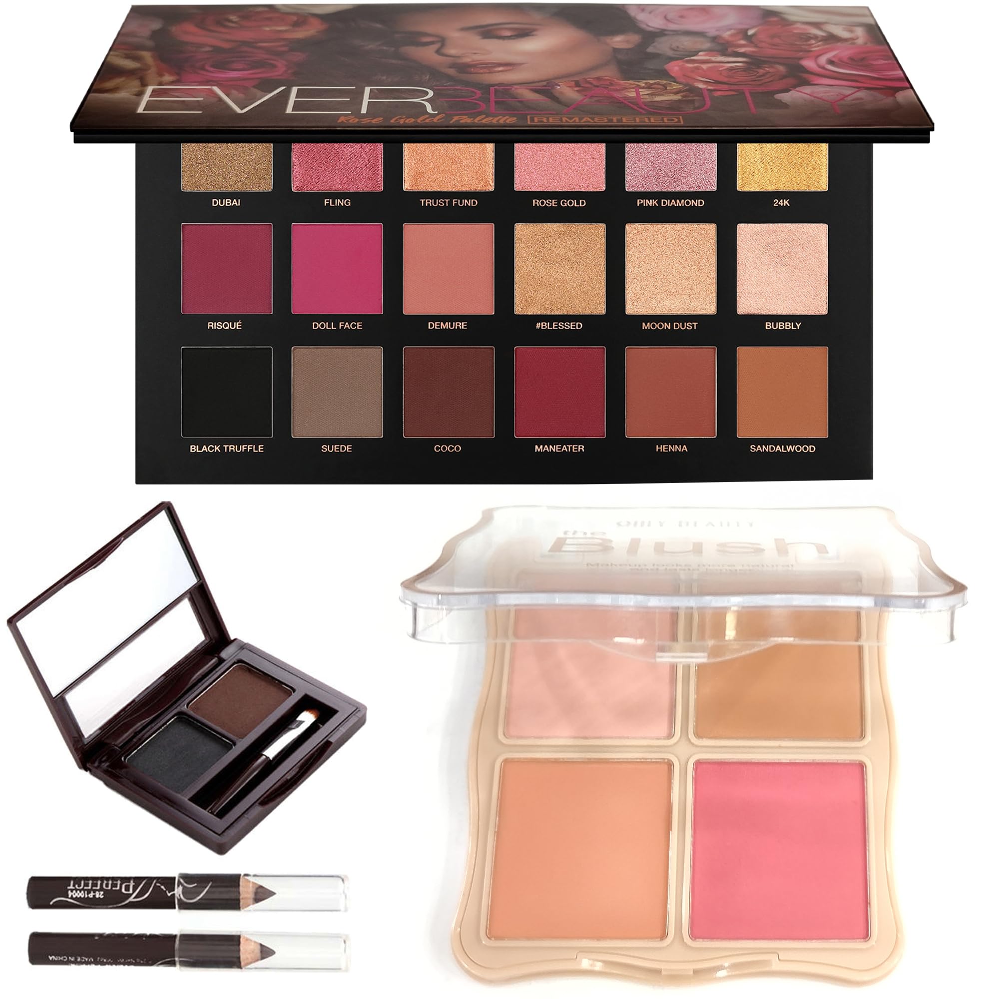 Ever Beauty Rose Gold Remastered Eyeshadow Palette Multicolor Makeup Set with 18 Shades, 4-Color Blusher, and Eyebrow Cake Powder - All-in-One Beauty Kit