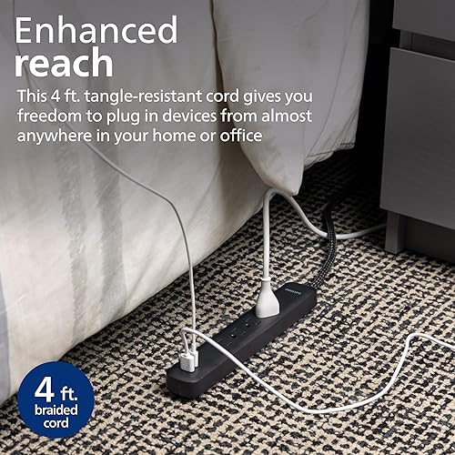 Miniatura 4 de Philips Protector de sobretensiones de 4 tomas, cable trenzado de 4 pies, 1-USB-C, 1-USB-A, cable de extensión, para el hogar, la escuela u oficina,