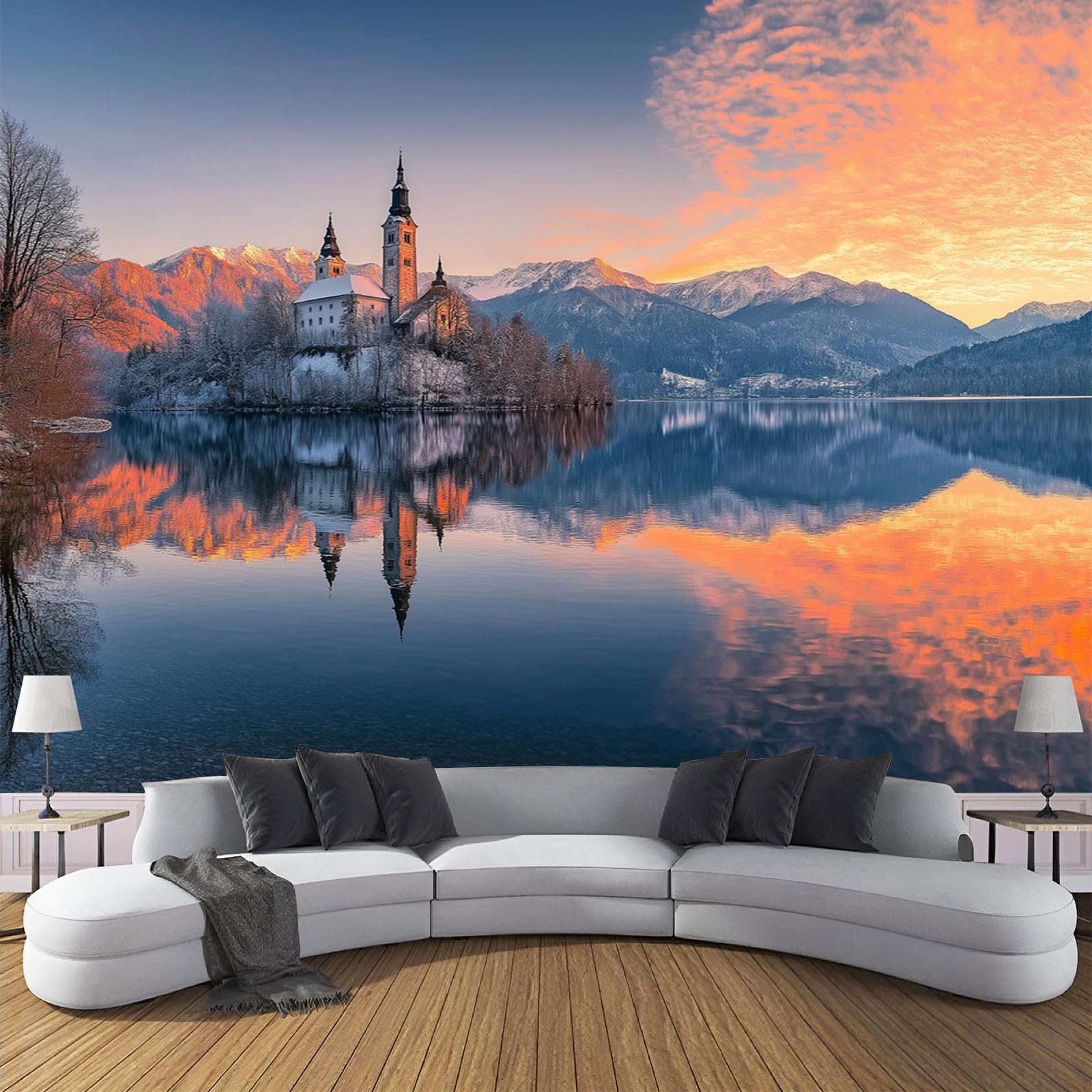Papier peint couleur orange motif montagnes lacs pour habiller un grand mur