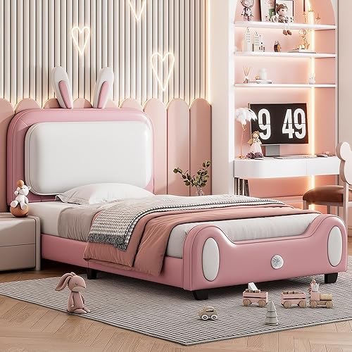 Miniatura 3 de Cama de princesa tapizada en forma de conejo de tamaño individual con cabecero y estribo, plataforma tapizada de piel sintética para niños y
