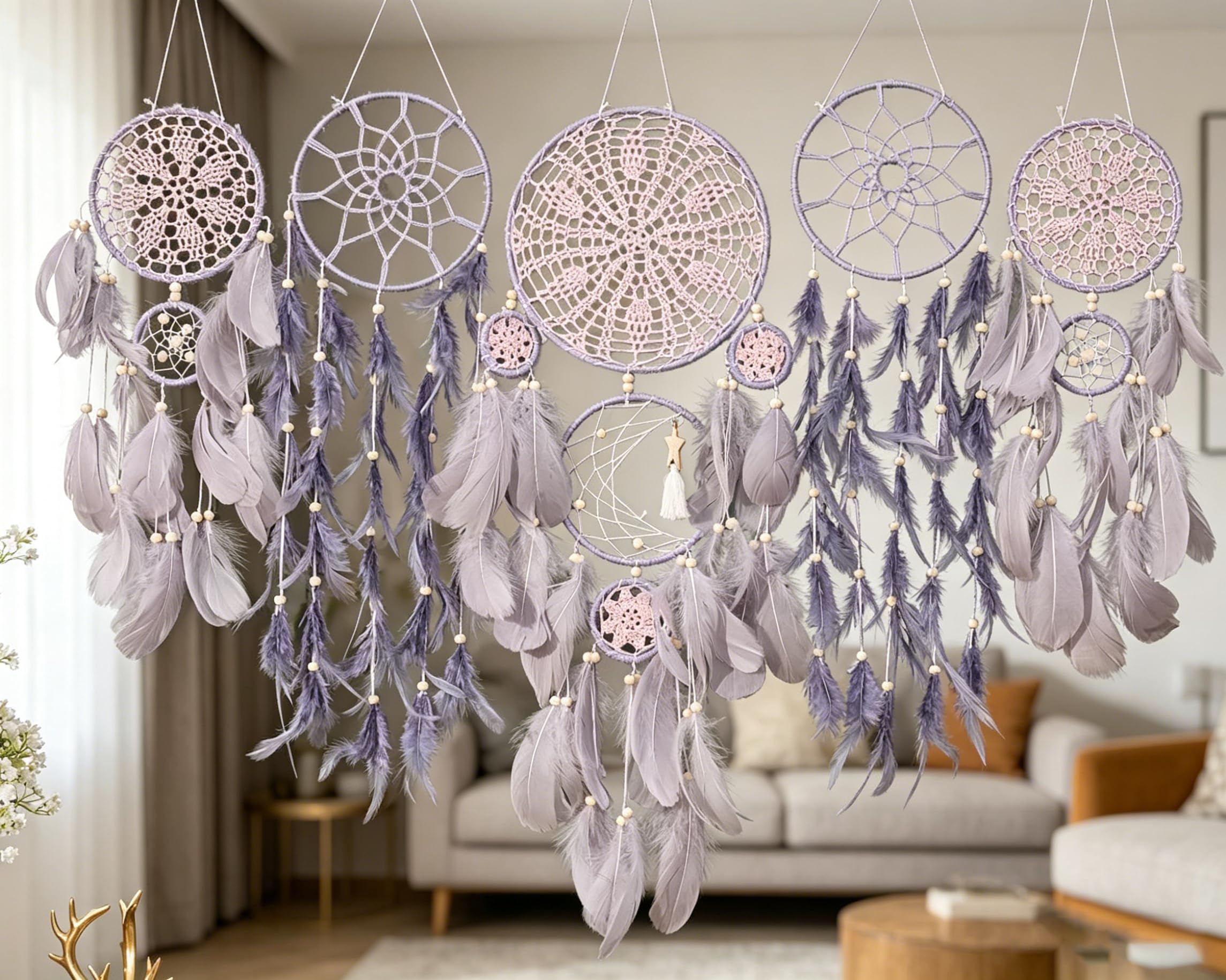 Juego de 5 atrapasueños colgantes de luna grande, color flor