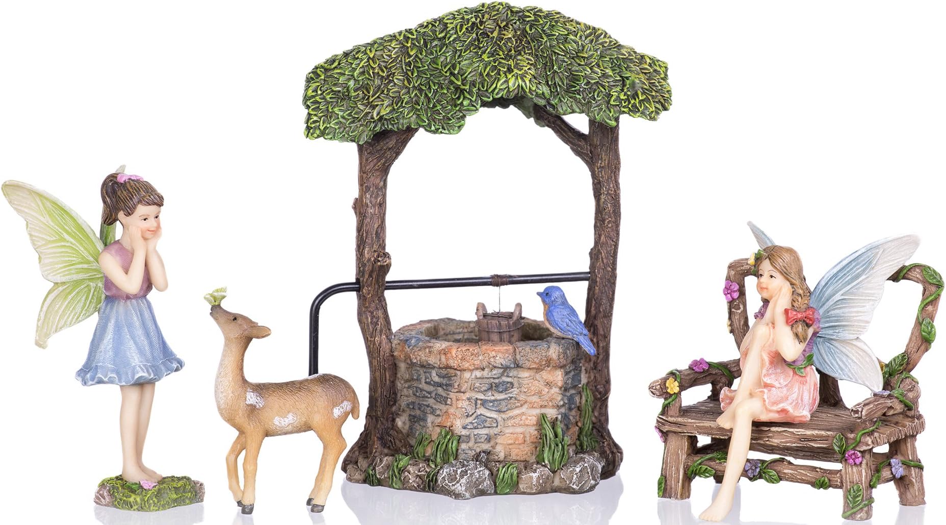 Joykick Fairy Garden Wishing Well Kit - Miniature Hand Painted Figurine Statues with Accessories - Set of 5pcs for Your House or Lawn Decor