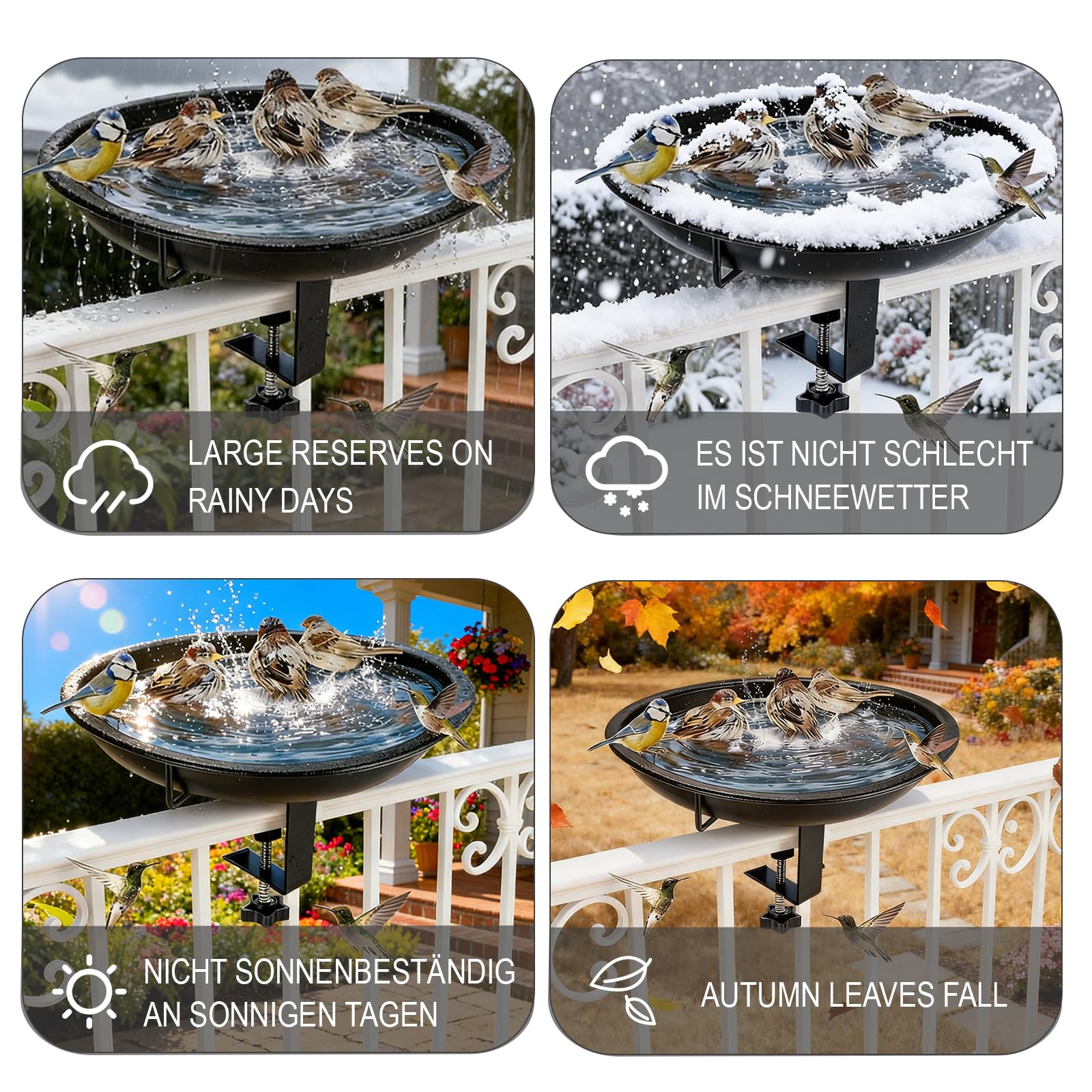 Vogeltränke Hängend für Balkongeländer, Φ27cm Groß Metall Vogeltränke Balkon, Antike Winterfest Frostsicher Vogelbad Balkon für Wildvögel, Vintage Vogelbad Garten