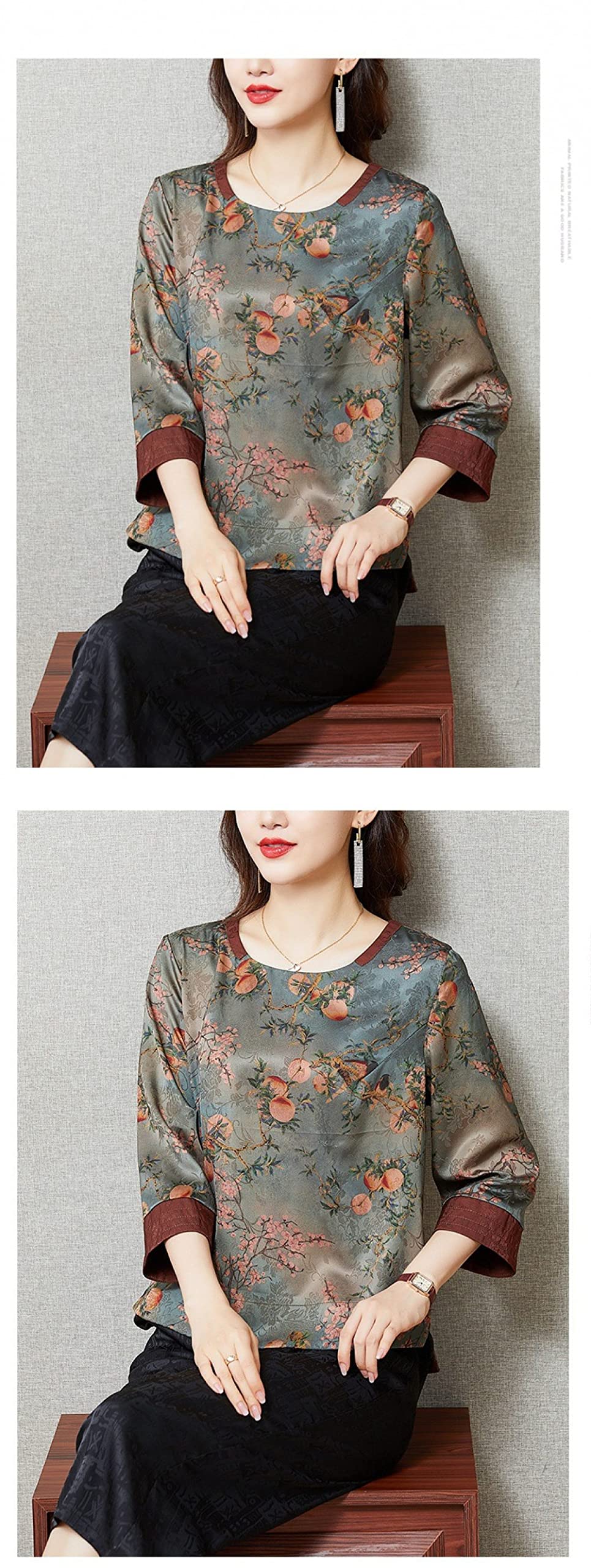 MIDJ Lockeres Damenhemd,Damen Vintage Blumendruck Rundhals Oberteile Shirt Aprikose Satin Tunika Shirt Boho 3/4 Ärmel Chiffon Bluse Shirt Casual Büro Business Bluse Für Mädchen Damen