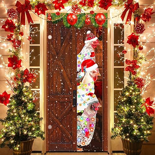 Miniatura 5 de Decoración de cubierta de puerta de Navidad, decoración de pancarta de cubierta de puerta delantera de Navidad de pollo, pancarta de tela divertida