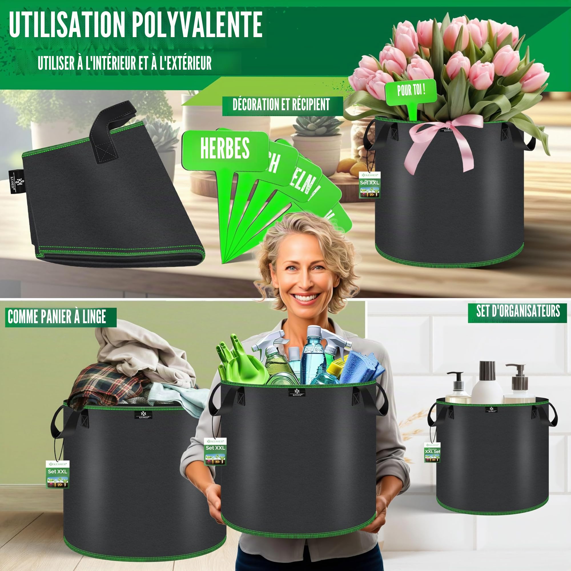 KESSER® Lot de 10 Sac de Plantation 27 litres | Sacs de Plantation en Tissu Non Tissé avec Etiquettes Nominatives | Sac de Plantation de Pommes de Terre avec Fenêtre & Poignées | Noir