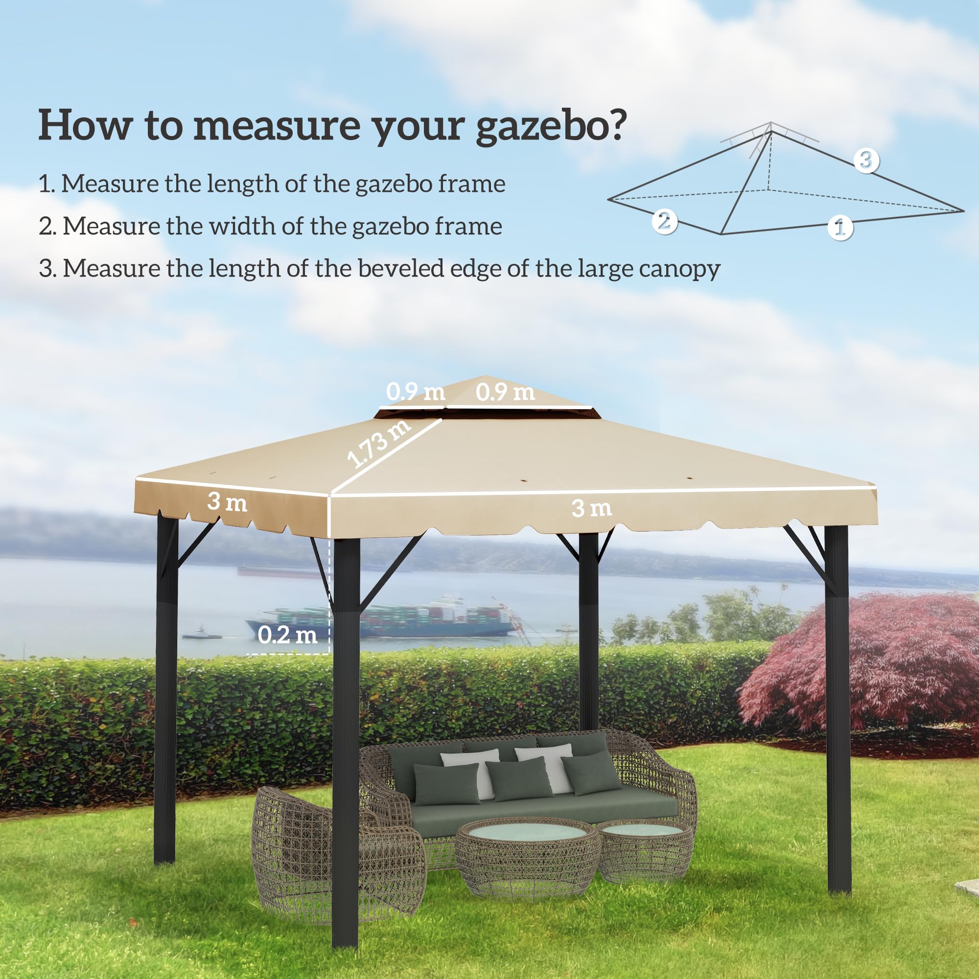 Outsunny Tetto di Ricambio per Gazebo 3x3 m 2 Livelli, Resistente all'Acqua in Poliestere 170g/m², Copertura Beige