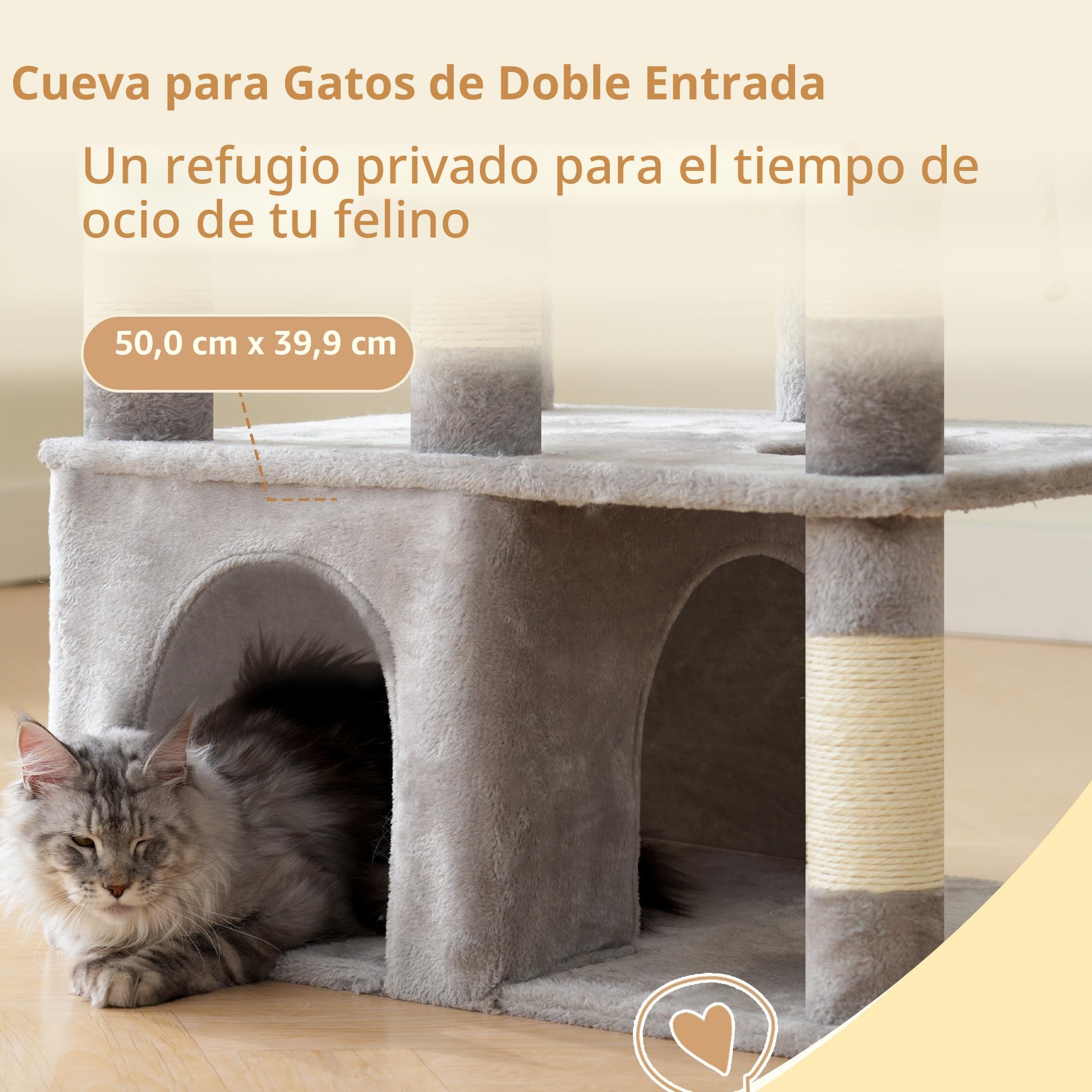 Heybly Árbol para Gatos, 180 Cm con Rascador para Gatos, Base Extra Estable, Plataforma XL, Casa Grande, 2 Hamacas, Ideal para Razas Grandes, Gris Claro HCT037W