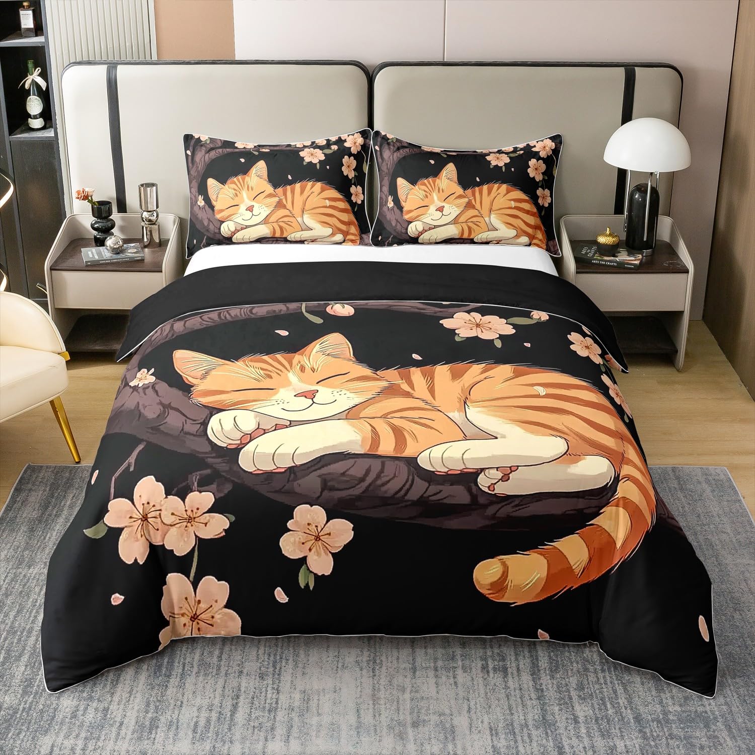 Kinder Niedliche Katze 100% Baumwolle Bettbezug 135x200 für Kinder Teens Erwachsene,Schöne Kätzchen Bettwäsche Set,Japanische Blumen Tröster Bezug,Cartoon Floral Tier Bett Set mit 1 Kissenbezug