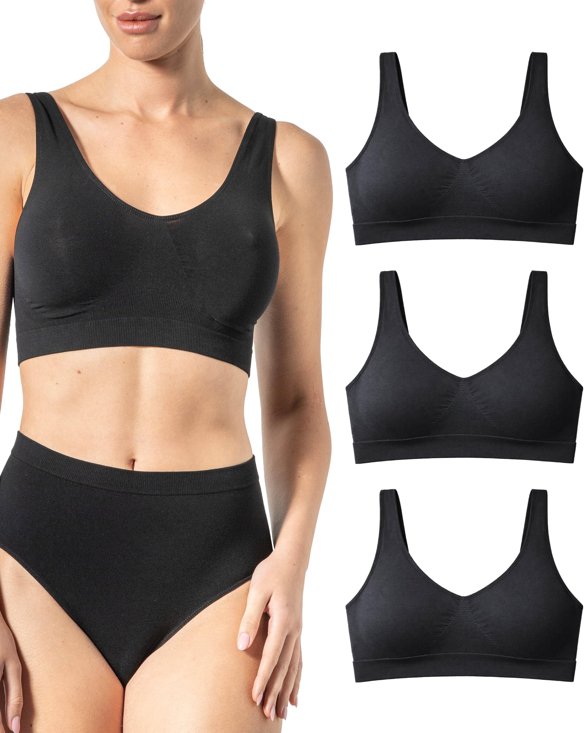Risalti 3 PZ Bamboo Wide-Shoulder Bra - Women's Bras Light Support, Seamless Bra, Black, XXL