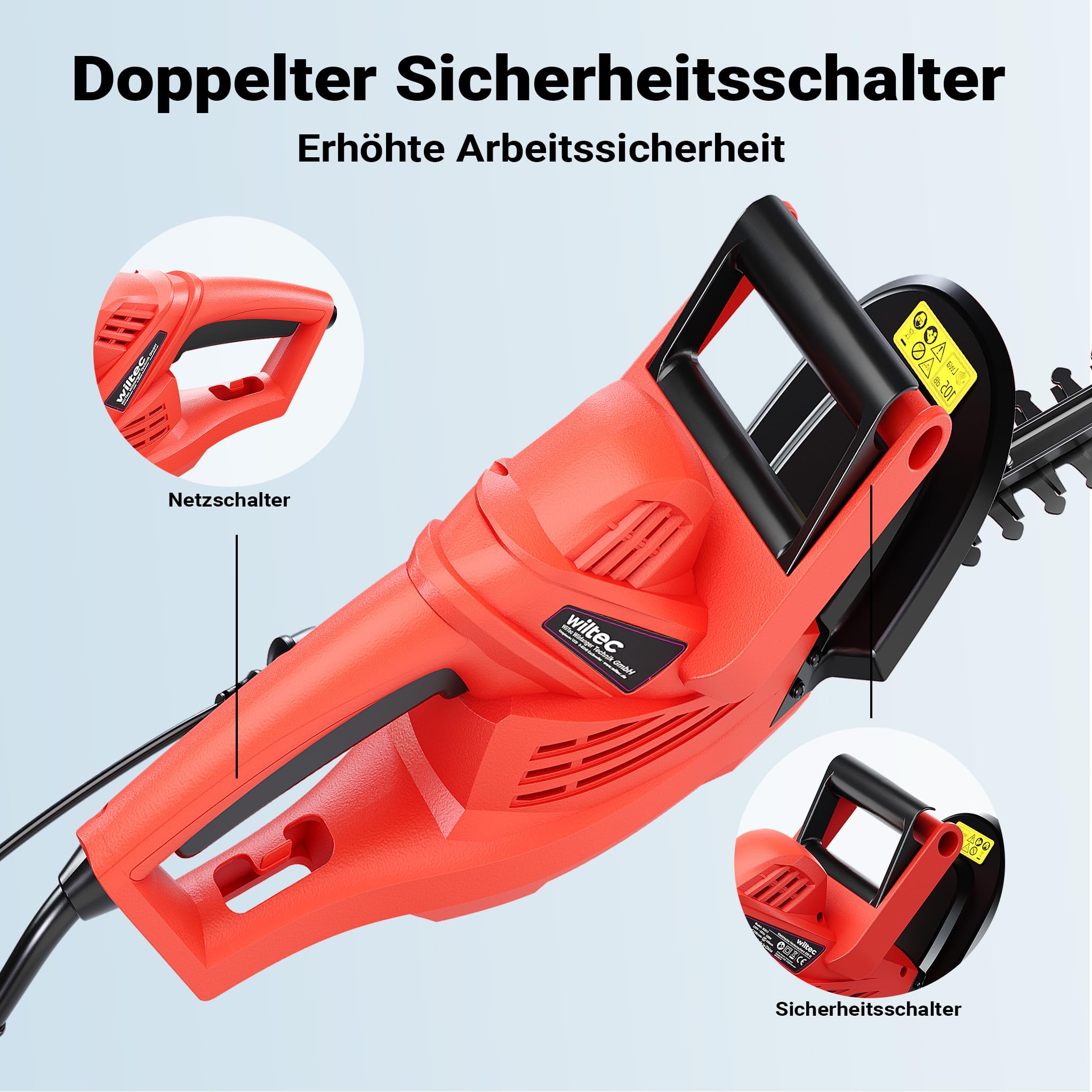 Wiltec Elektrische Heckenschere 520 W, Heckenschneider mit Schnittlänge 450 mm, Heckensäge mit Schnellstopp-Bremse, Freischneider mit Handschutz