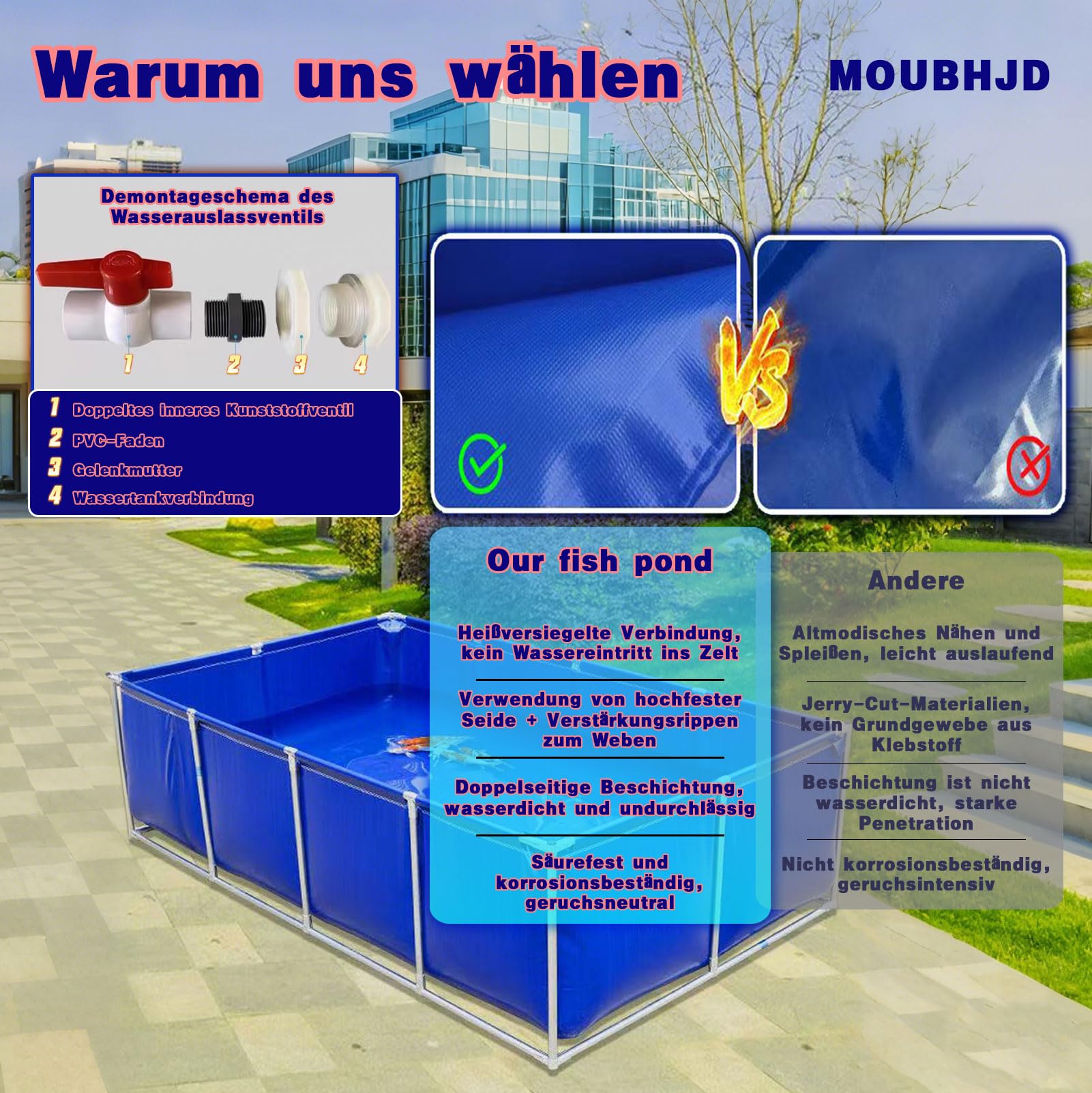 Außenlagertank Segeltuch Fischteich, Aquakultur Wassertankzisterne mit Stahlrahmen, multifunktionaler temporärer Fischteich aus PVC Canvas zum Schwimmen von Koi Fischen und Schildkröten