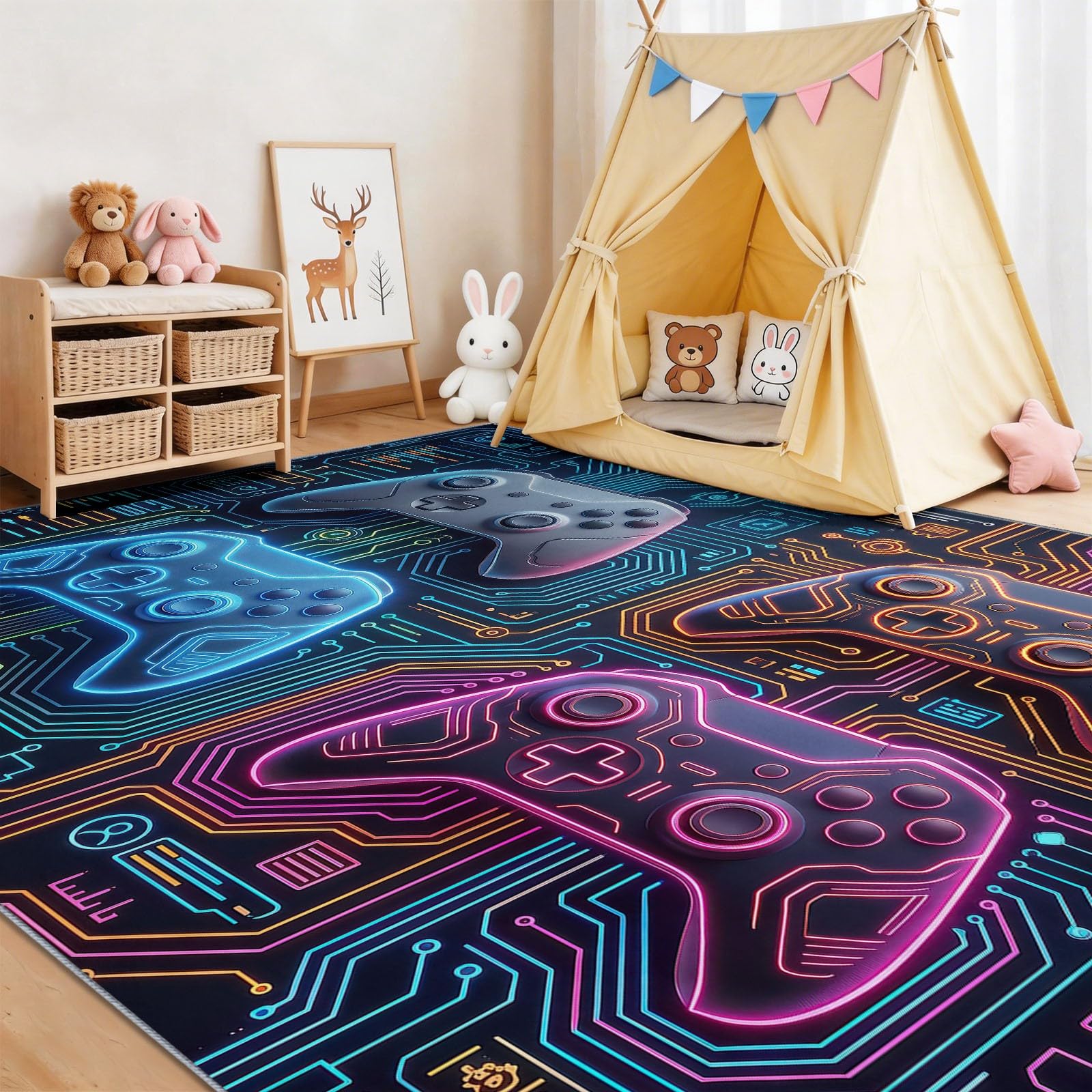 Spiel Mehrfarbig Teppich - Rutschfester Waschbarer Niedriger Flor Teppich für Wohnzimmer, Schlafzimmer, Kinderzimmer, Esszimmer, Büro - Leiterplatte Neon Spielecontroller, 120 x 170 cm
