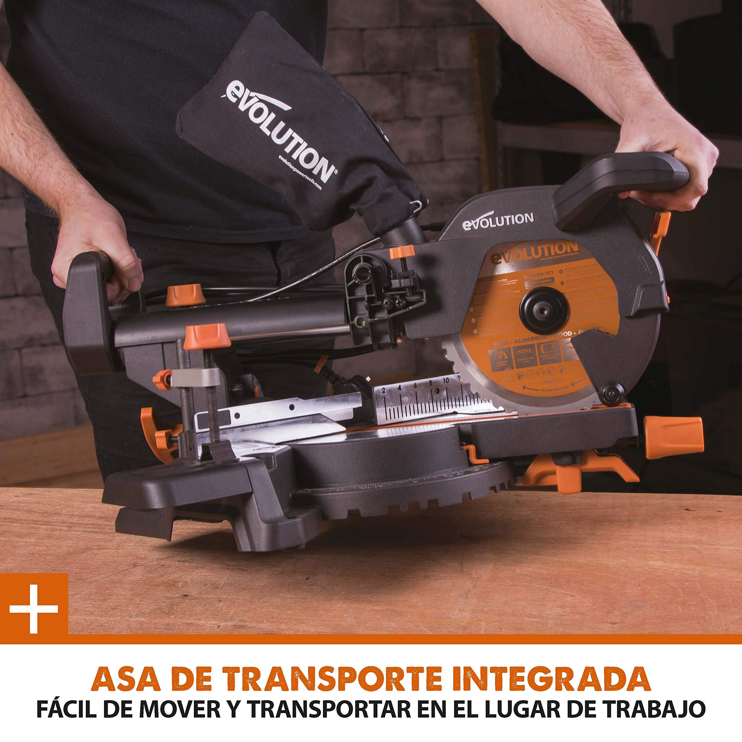 Evolution Power Tools R210SMS+ Ingletadora deslizante multimaterial de 210 mm, con paquete Plus, Corta acero dulce, aluminio, plástico, madera con clavos incrustados, 230 V