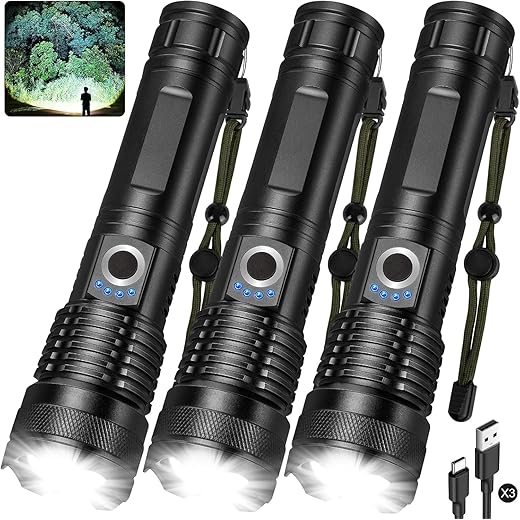 ALSTU Rechargeable Flashlights High Lumens, 200000 Lumens Super Bright Led Flashlight with 7 Modes, Waterproof Flash Light with Holsters for Camping Climbing Hiking Outdoor (2 Packs)