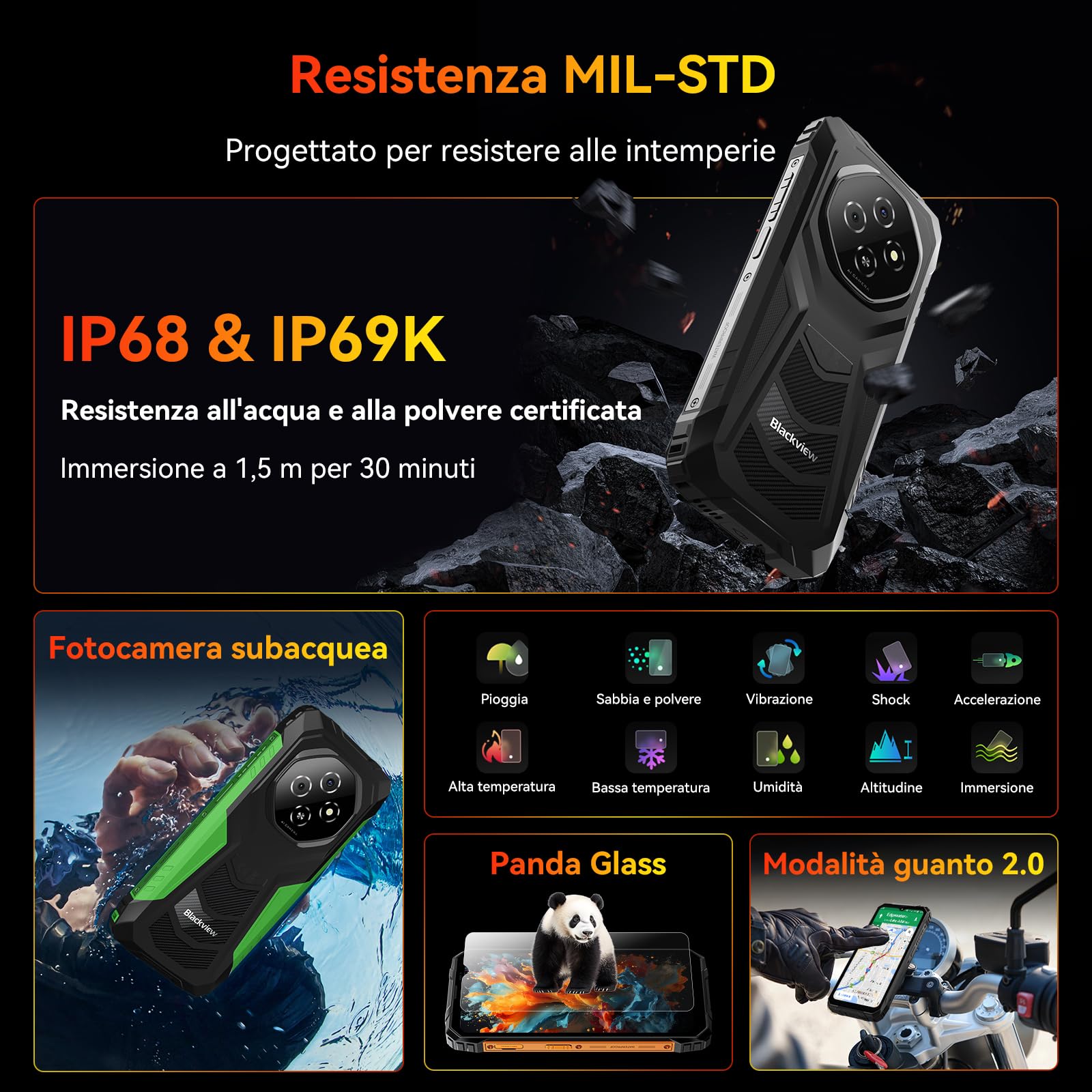 Blackview Fort 1 Rugged Smartphone 2025, Android 15 Celluare Antiurto, Batteria 10000mAh Telefono Indistruttibile, 12(4+8)GB+128GB/2TB TF, 6.56''HD, 90Hz, Doke AI, IP68/NFC/OTG/Face ID/2 Anni Garanzia