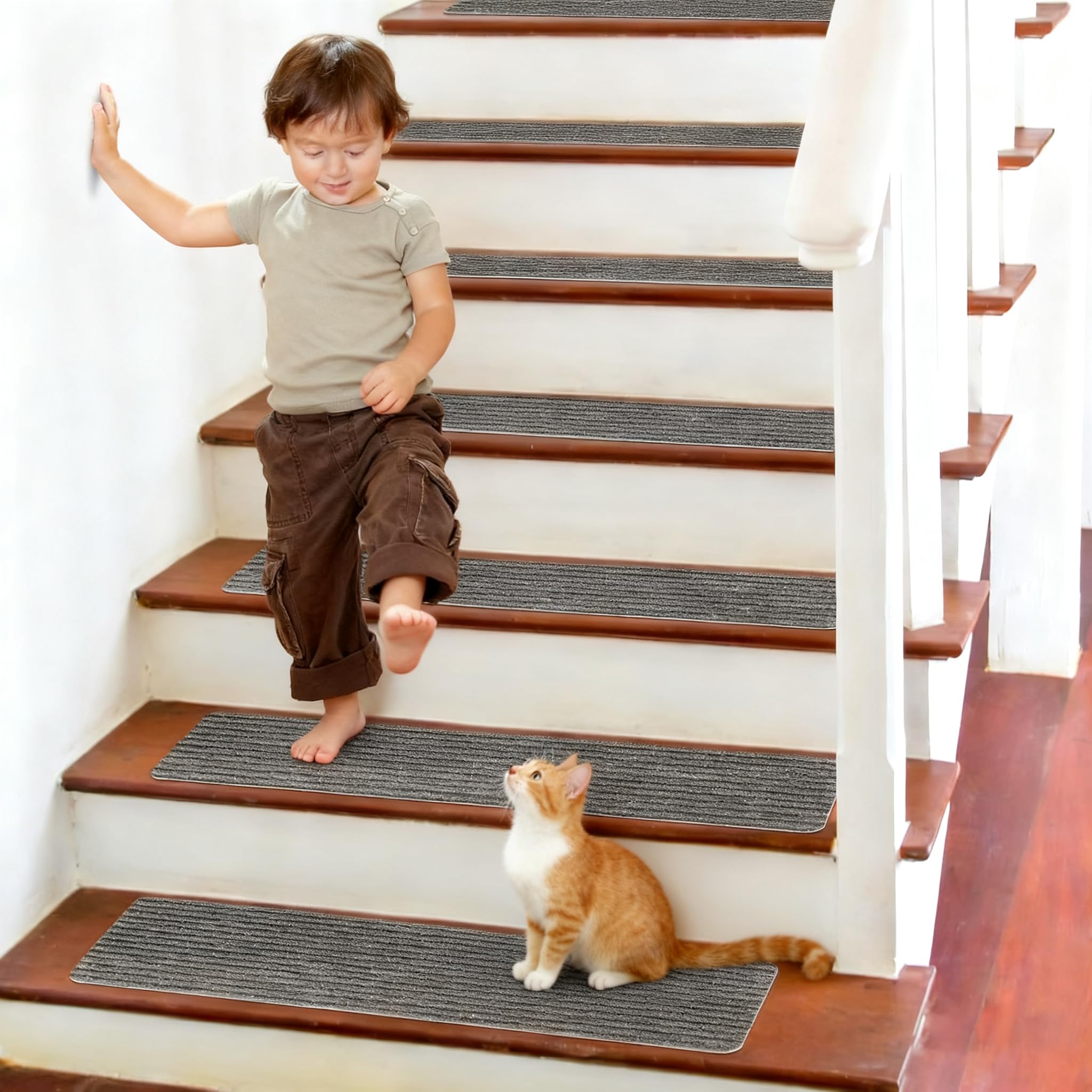 15PCS lfombra Antideslizante para Escaleras, Alfombrilla Antideslizante Interior 20cm x 76cm, Autoadhesivo Alfombra Antideslizante Seguridad para niños Mayores y Mascotas(Rayas Dobles Grises)