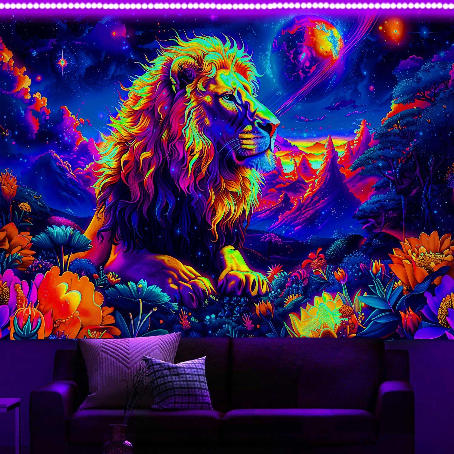 Amazon.com: Blacklight Lion Tapestry, Neon Trippy Galaxy Space UV