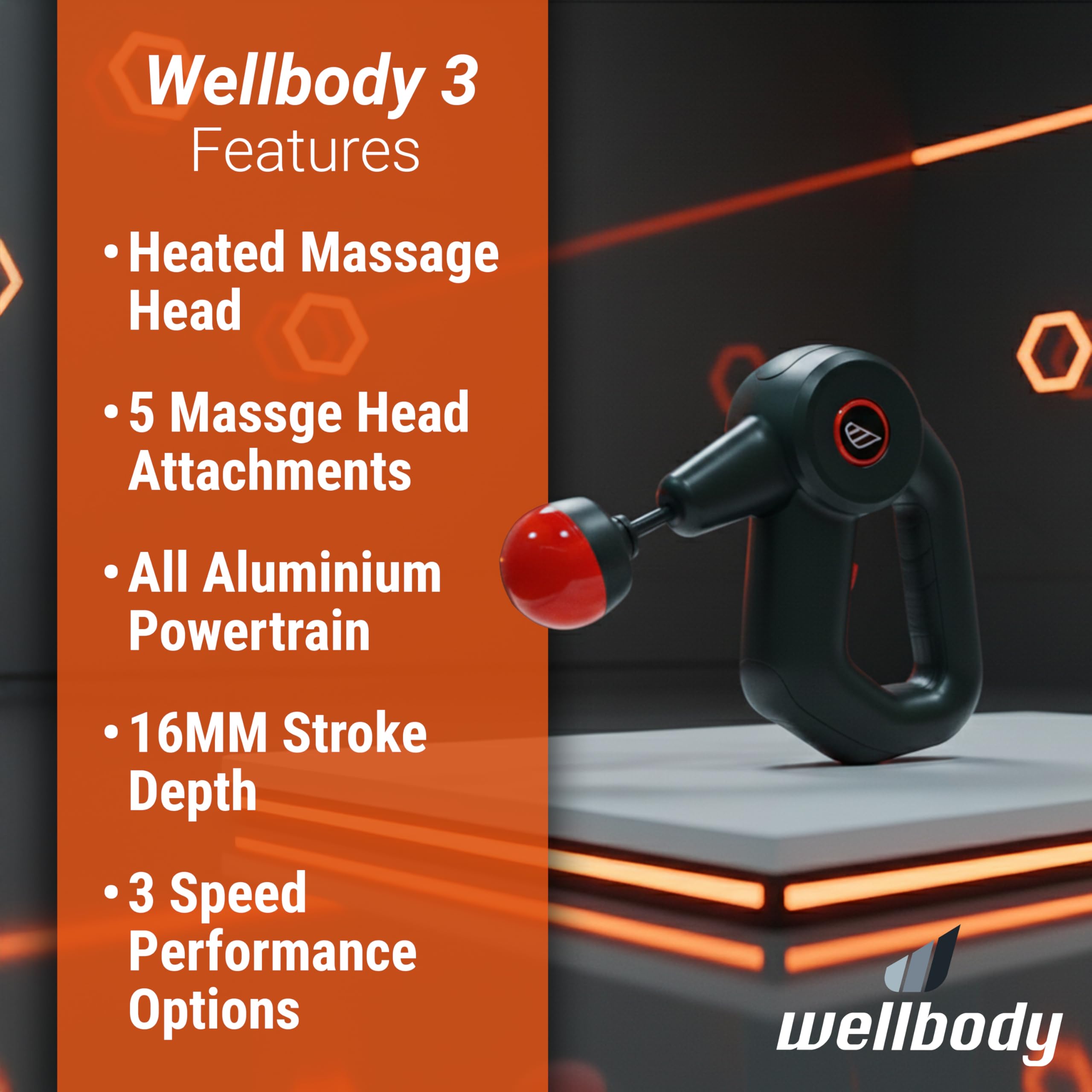 Wellbody 3 Deep Tissue Percussion Massager with Heat Ball Technology | 3 Speed Options | Portable Handheld Massage Gun for Elite Muscle Recovery & Wellness | Relieve Sore Muscles and Stiffness