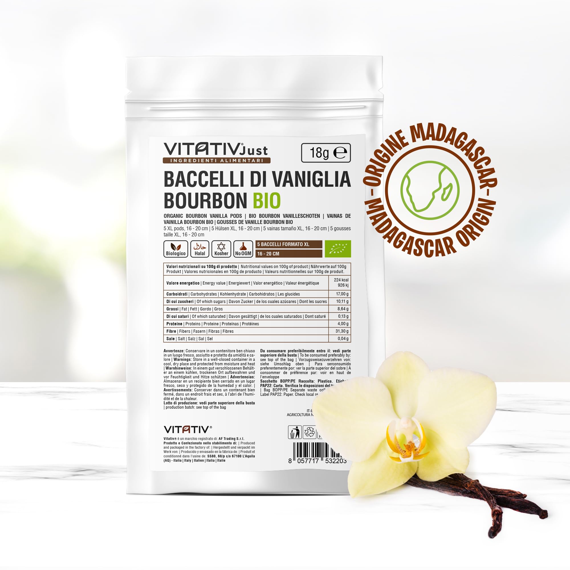 Baccelli di Vaniglia Bourbon BIO 5 pezzi XL 16-20 cm del Madagascar da Agricoltura Biologica - Prima Qualità - VITATIV - 18gr