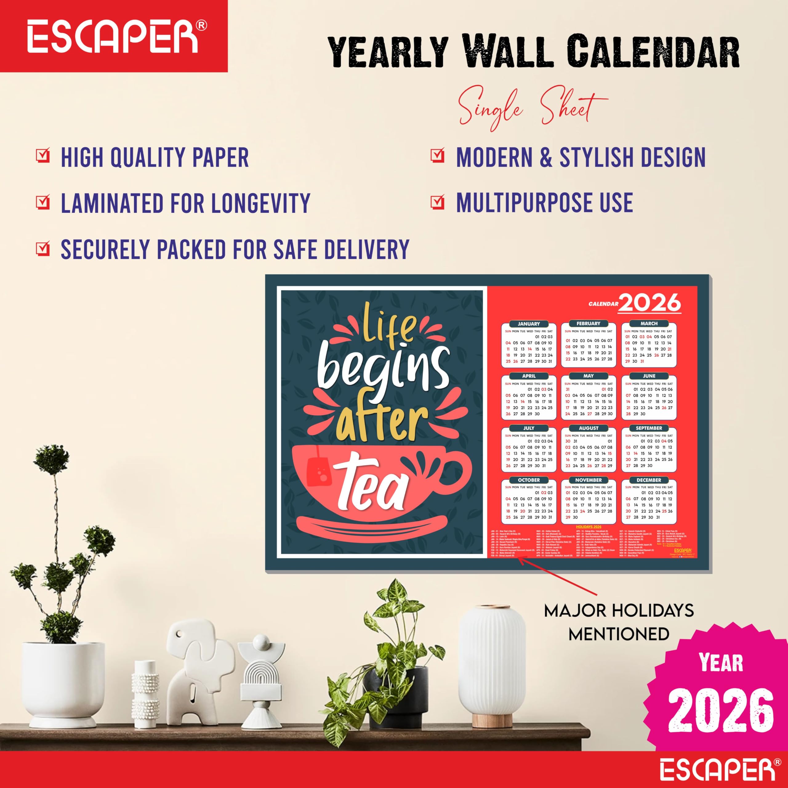 ESCAPER Tea Lovers Wandkalender 2026, 30,5 x 45,7 cm, 300 g/m², laminiertes Papier, selbstklebender einseitiger Kalender für Büro, Zuhause und Café, perfektes Teegeschenk & Wandkunst