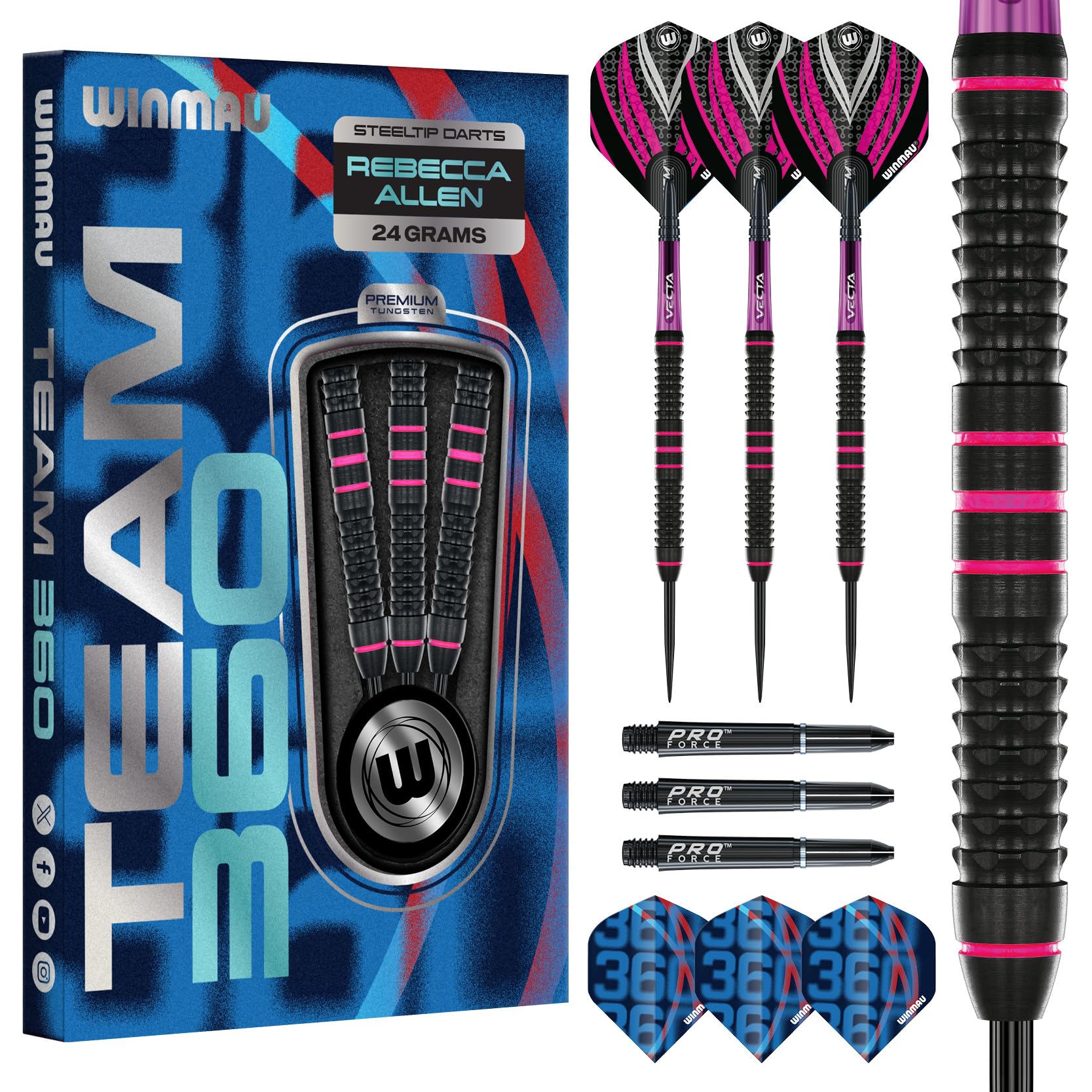 WINMAU Darts- Rebecca Allen Team 360-24g Professional 90% Steel tip Tungsten Darts Set | Including Vecta Shafts (Dart Stems) | Extra Thick100-Micron Dart Flights