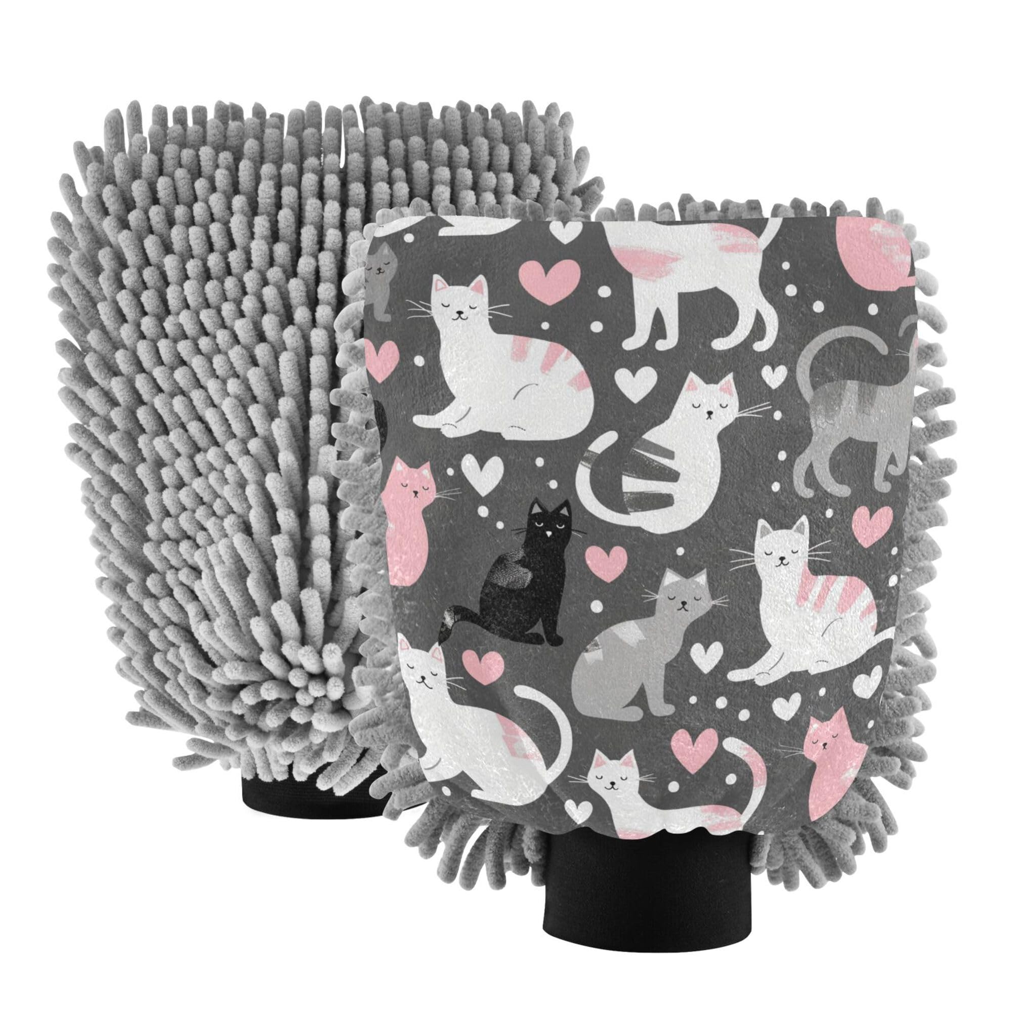 Cartoon Cute Grey White Peach Cats Wash Mitt for Cars 11.8'' Car Washing Glove Scratch-Free Washer Sponge for Wash Drying