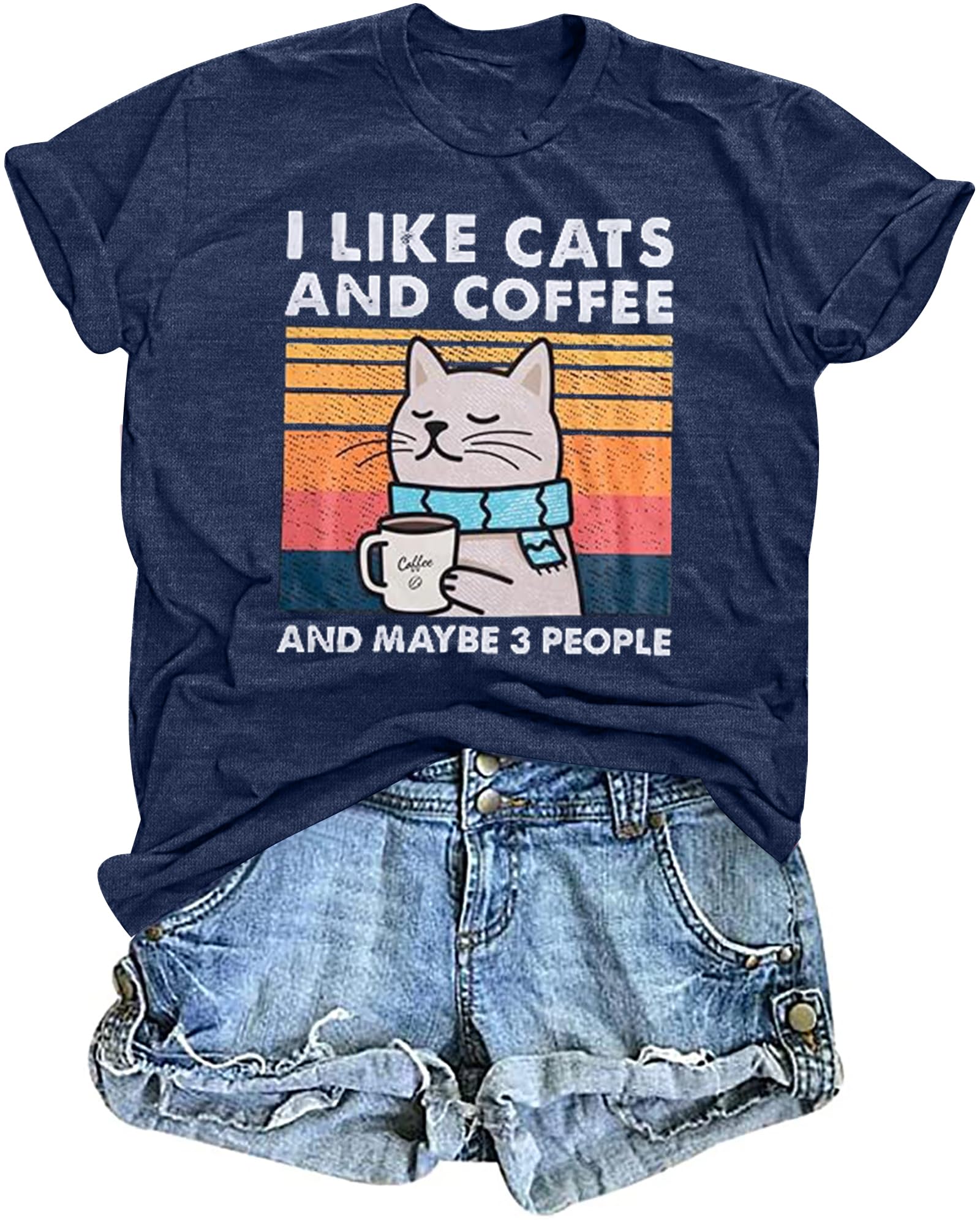 Cat Shirt I Like Cats and Coffee and Maybe 3 People Graphic T-Shirt Vintage Cat Lover Shirts Retro Coffee Lover Gift Tee Tops