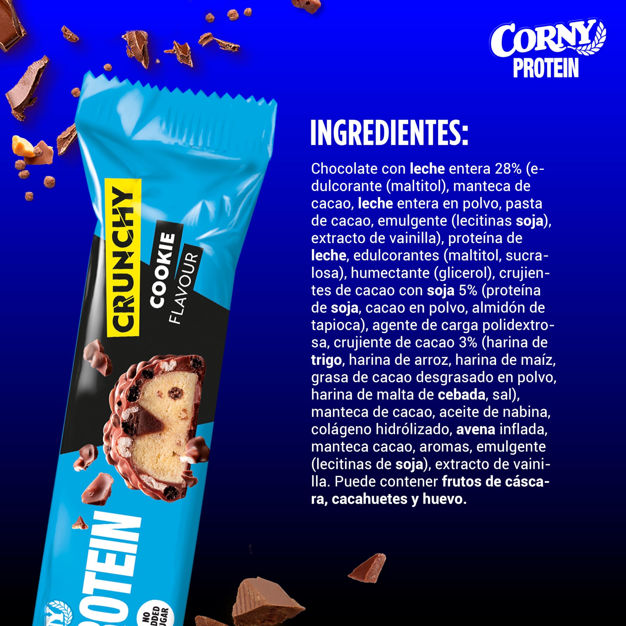 Barritas de Proteínas, Corny Protein,Crunchy Chocolate y Cookies,13,5 gr de Proteínas, 0% Azúcares Añadidos, Ayudan al Desarrollo y Recuperación de la Masa Muscular - Pack 12x45g, Taste the Power