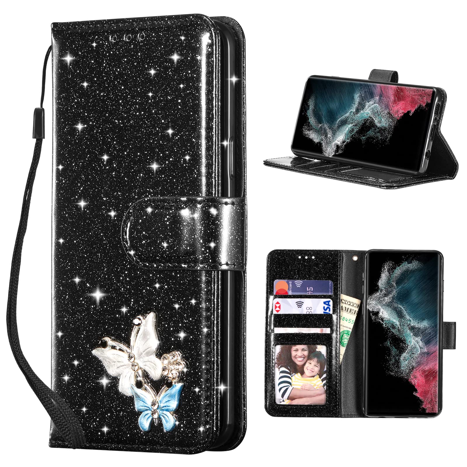 UEEBAI Wallet Case for Samsung Galaxy S25 Ultra 5G, Glitter PU Leather Phone Case Card Slots Kickstand Case Magnetic Closure Bling Flip Case