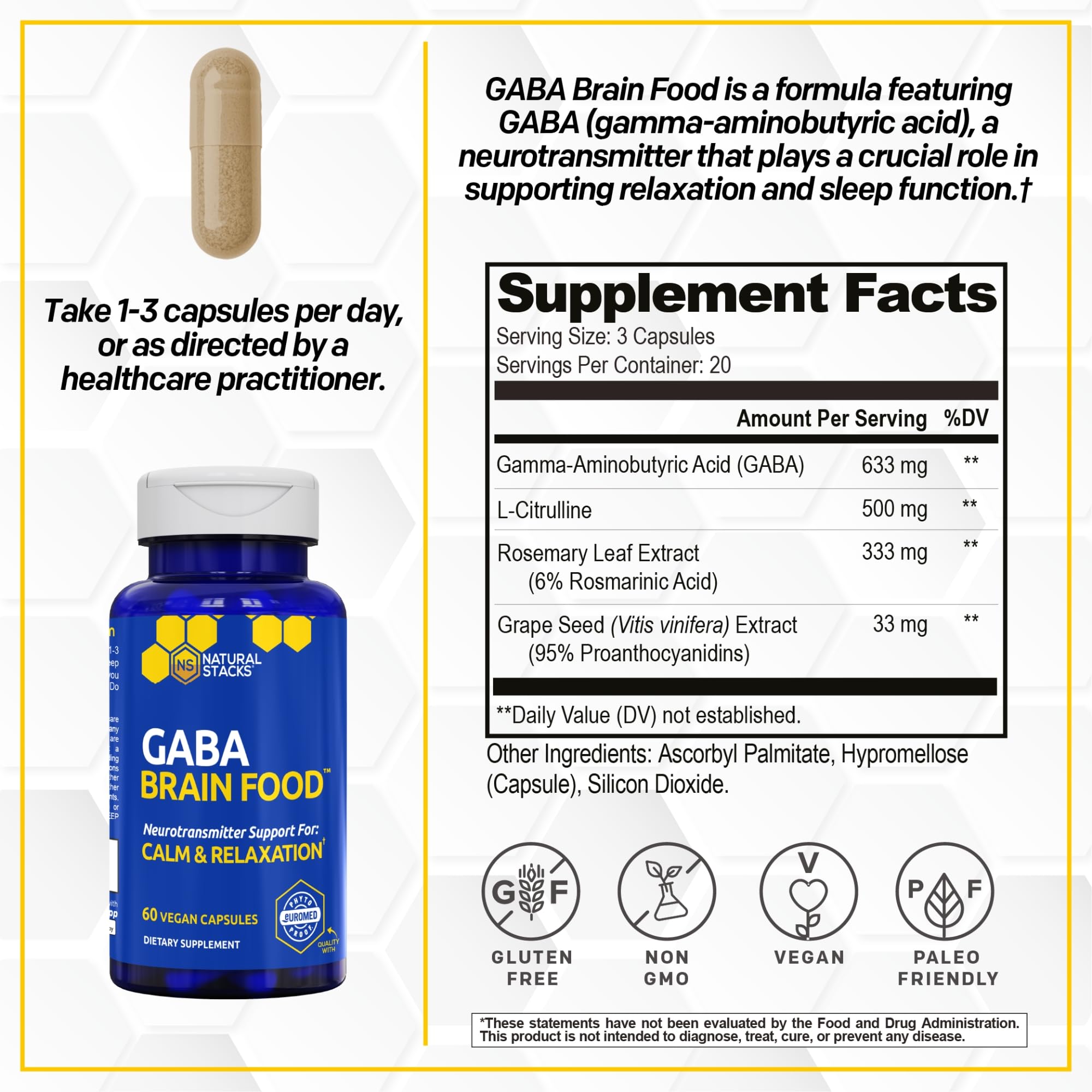 GABA Brain Food, Sleep & Relaxation Support with L-Citrulline, 60 Count — Amazon image 2