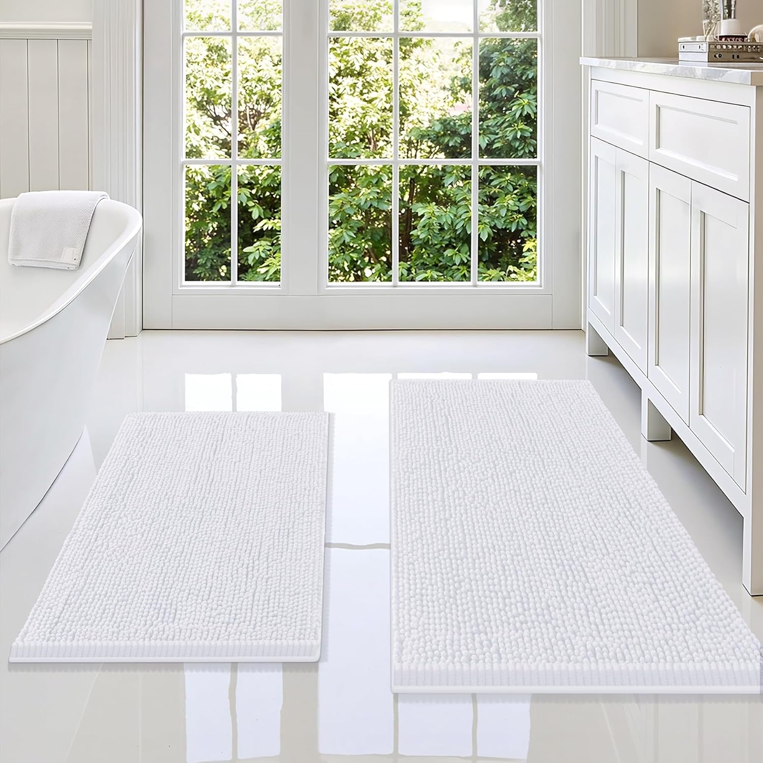 Smiry Bathroom Rugs Sets 2 Piece, Soft Absorbent Chenille Machine Washable Non Slip Shaggy Bath Rug Set for Tub, Shower, and Floor (36x24+30x20, White)