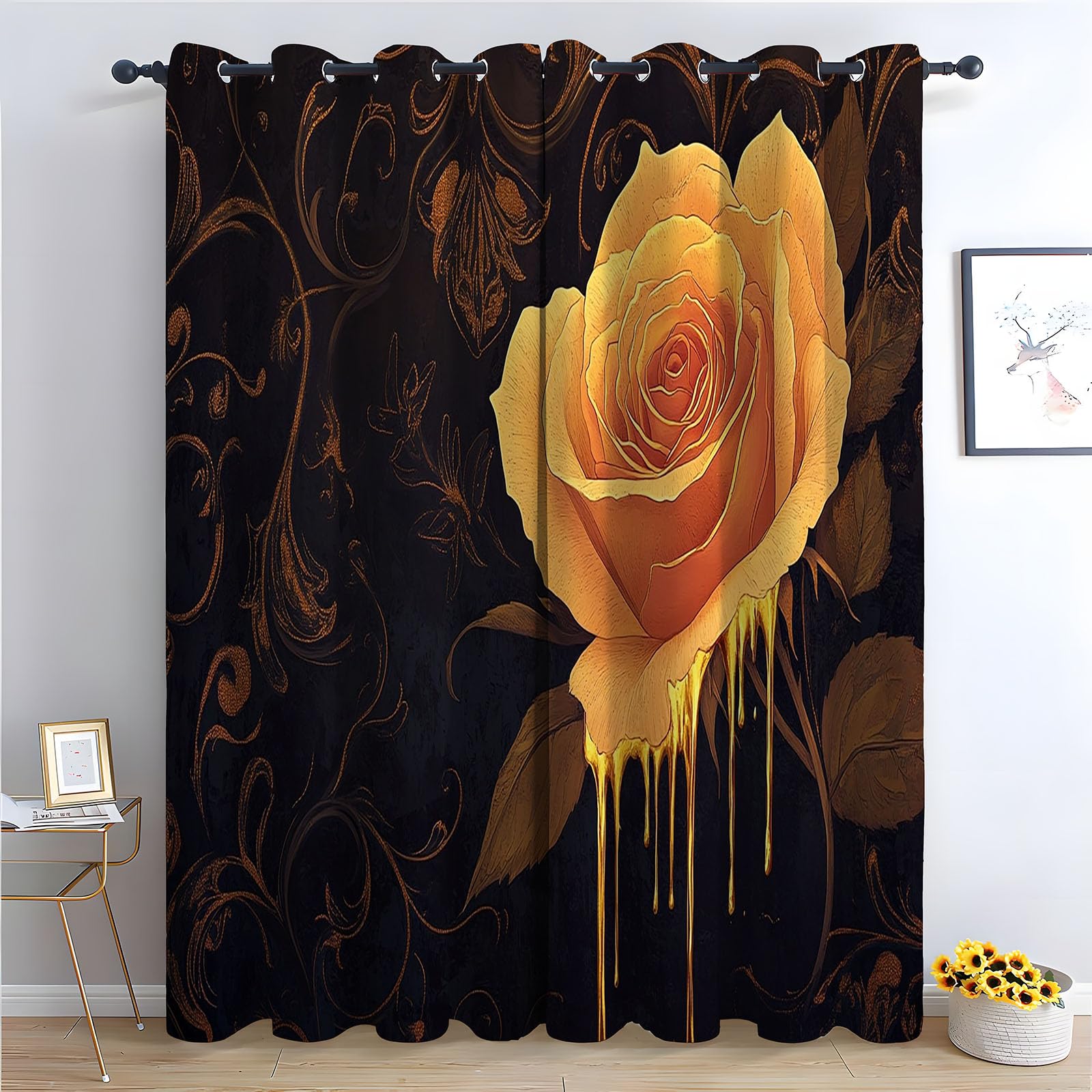 WIKEO Floral Curtains Vintage Beautiful Flowers Forest Printed Room Darkening Curtain for Bedroom, Privacy Eyelet Thermal Insulated Green Curtain for Girls Room-52 W x 96" L (Pack of 2)