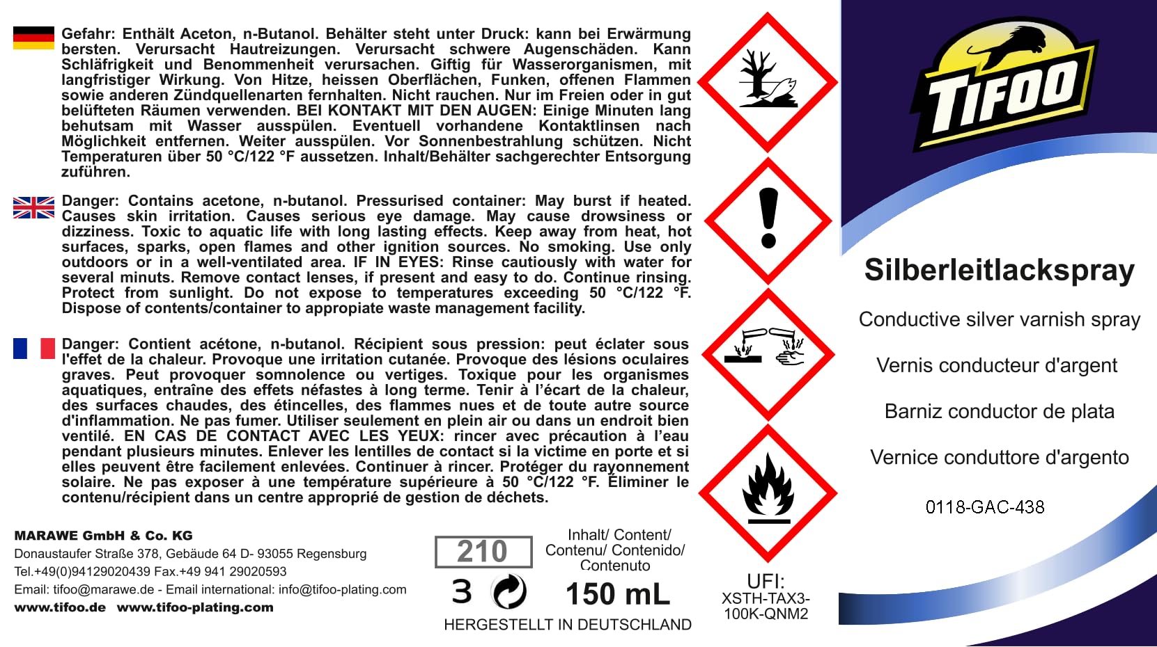Tifoo Barniz conductor de plata (150 ml) – Barniz spray con partículos de plata pura - EMV Shielding - hacer superficies conductivas