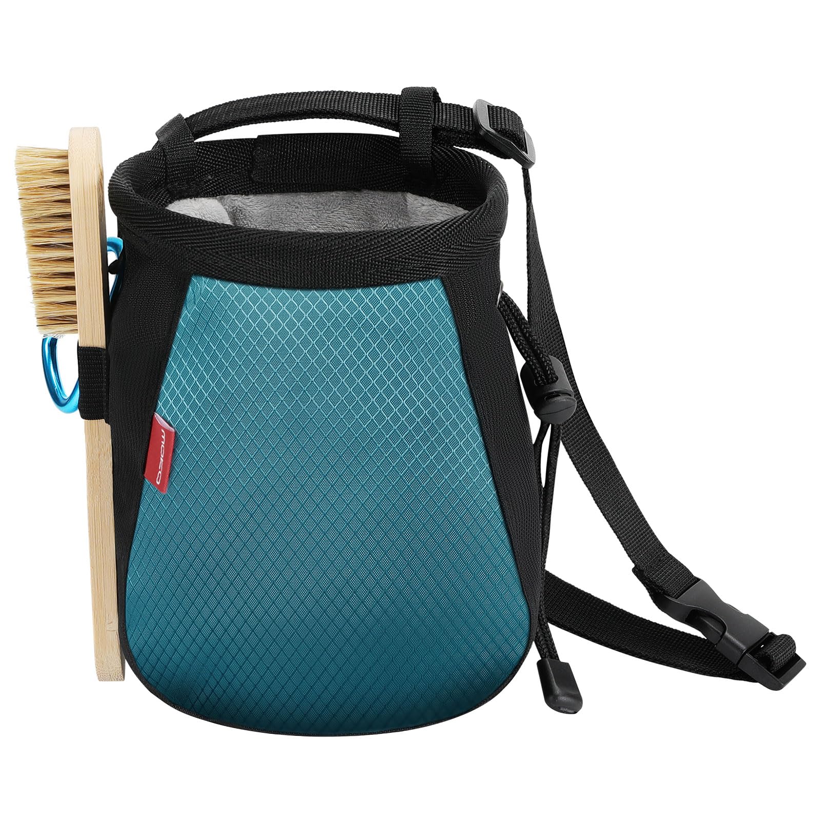 MoKo Rock Climbing Chalk Bag, Bouldering Chalk Pot Bucket with Adjustable Belt & Carabiner Drawstring Climbing Gear for Rock Climbing Weight Lifting Gymnastics Crossfit - Black+Light Blue