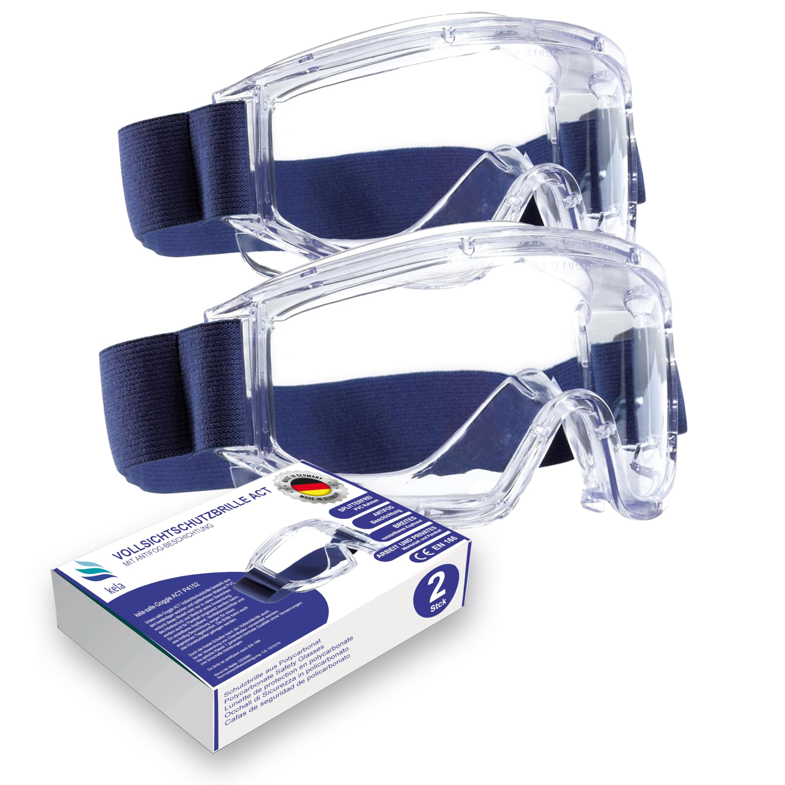 kela 2er Pack Vollsichtschutzbrillen ACT I 100% Made in Germany | Ventilation Anti Fog Beschichtung | Acetatscheibe gegen Chemikalien I breites Kopfband | Baustelle, Labor, Werkstatt
