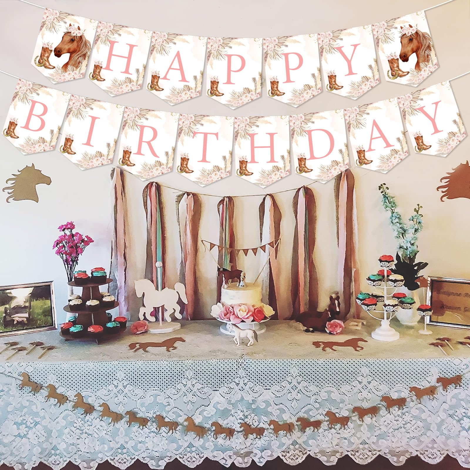 Set Decorazioni Feste Compleanno A Tema Cavallo – 18 Pezzi Con Striscioni E Vortici Rosa Cowgirl