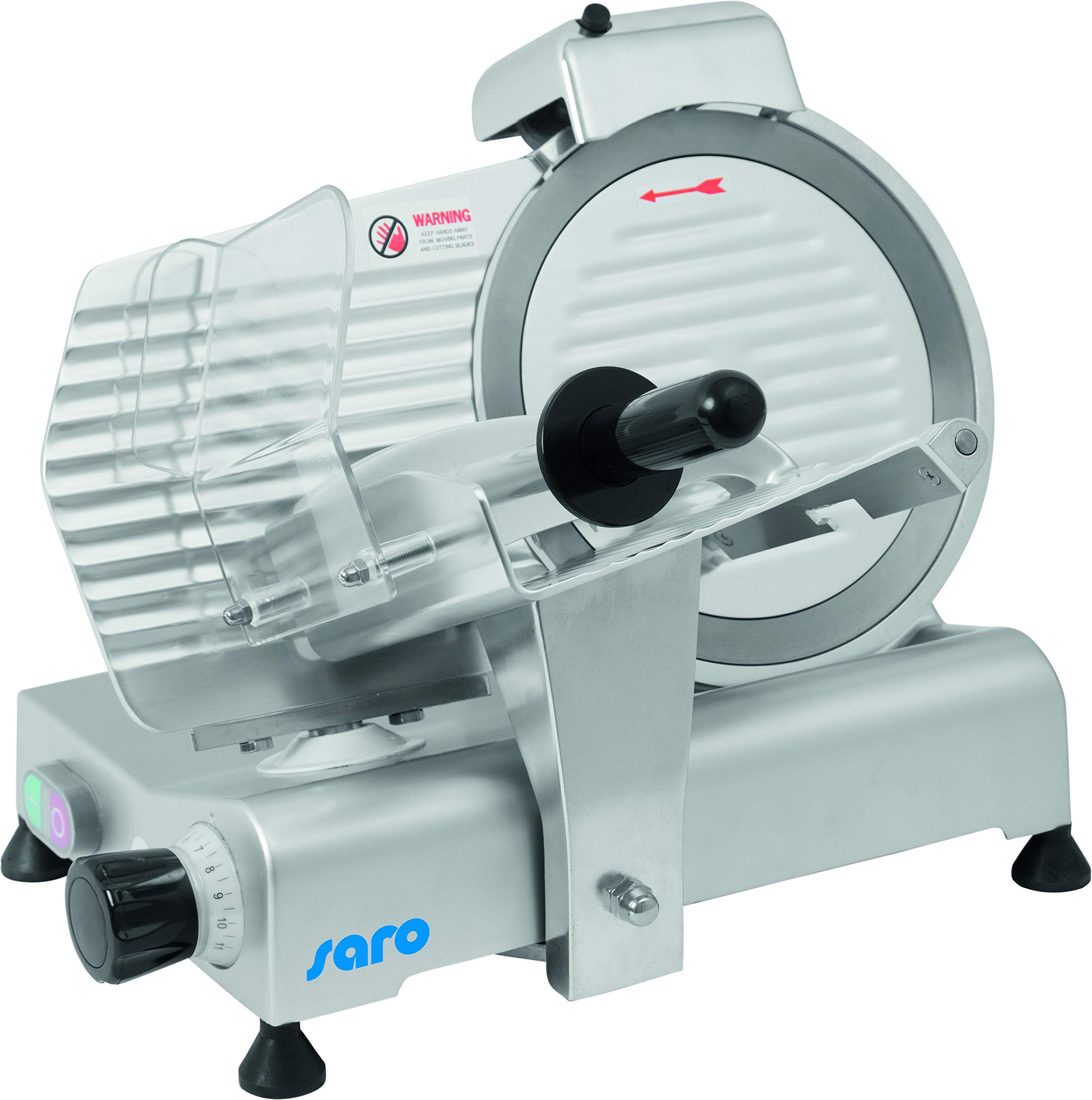 SARO AS 250 - Affettatrice con lama da 250 mm di diametro, spessore di taglio da 0 a 11 mm, affilacoltelli, corpo in metallo leggero, da 230 V