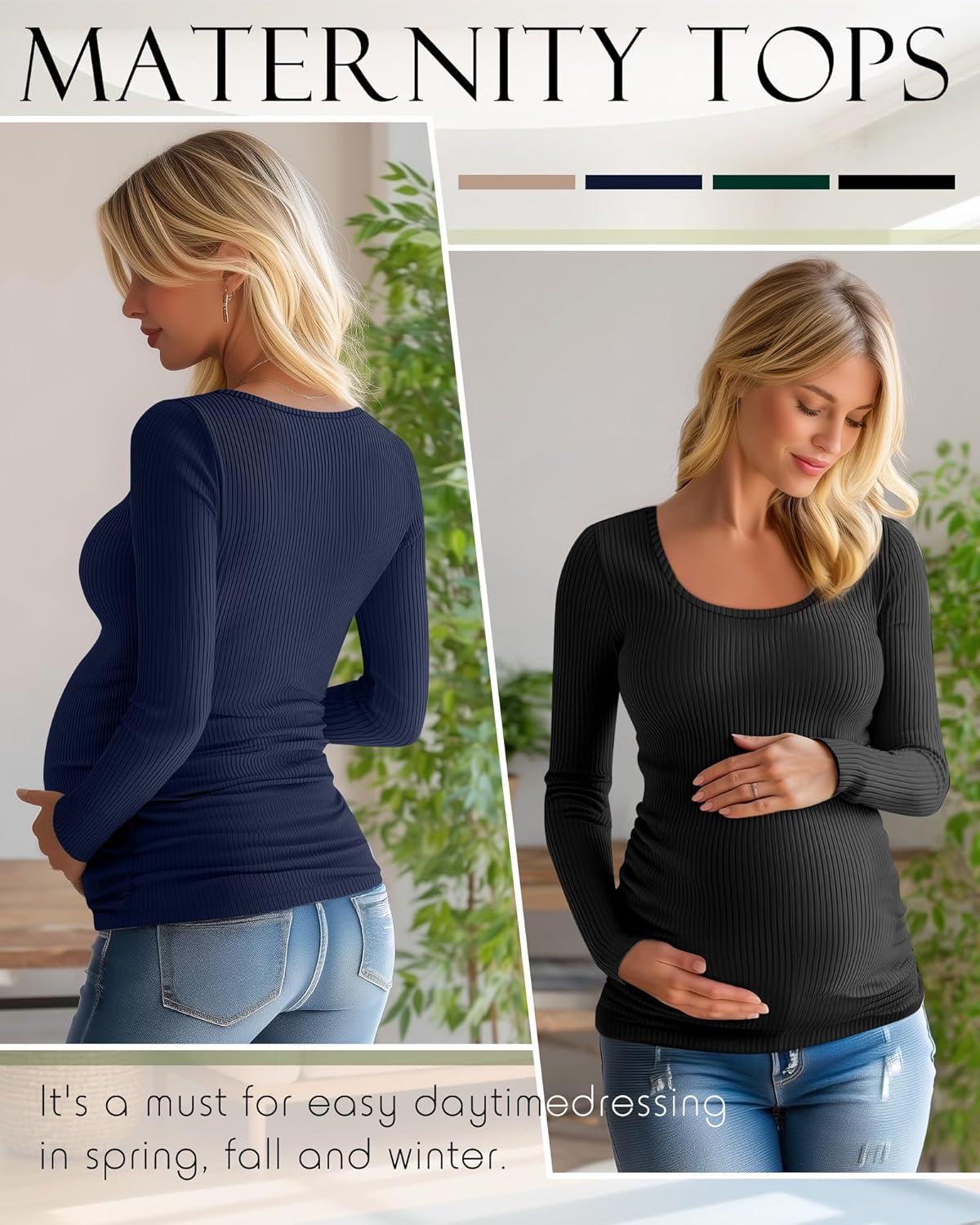 Huukeay 4 Pack Women's Cotton Maternity Tops Long Sleeve Ribbed Side Ruched Scoop Neck Shirts Casual Mama Pregnancy Clothes